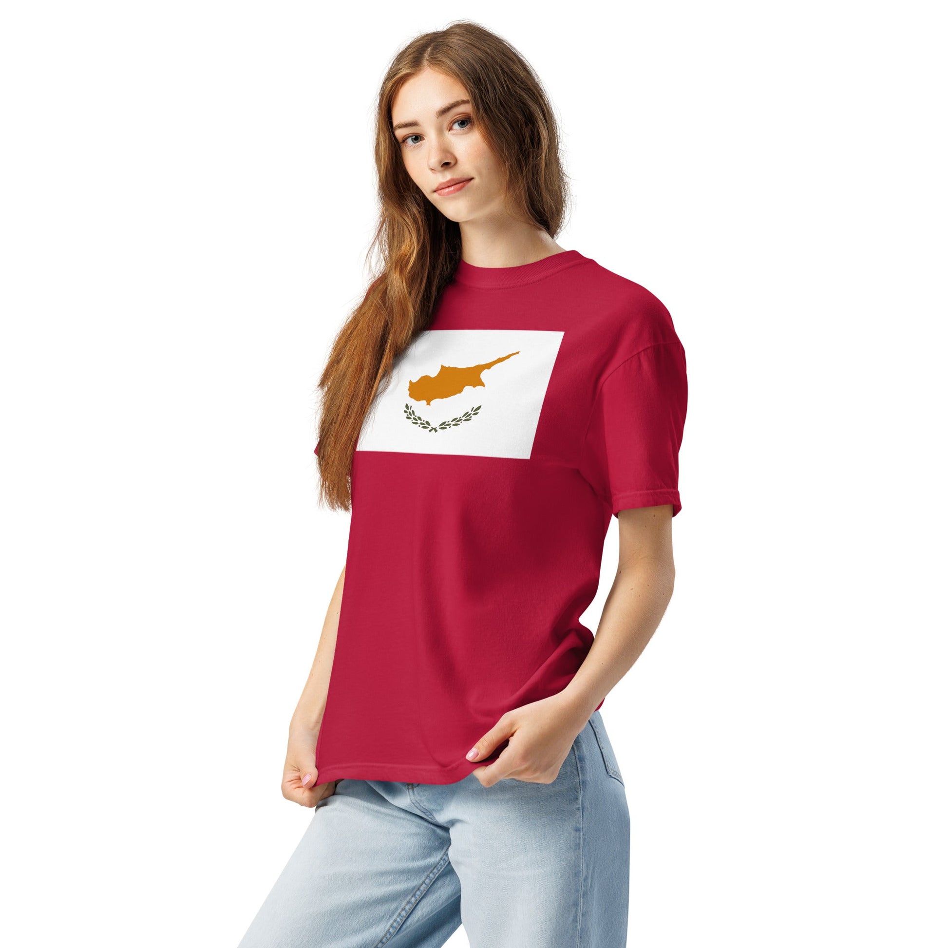 Flat lay of red Cyprus flag tee, extra large size