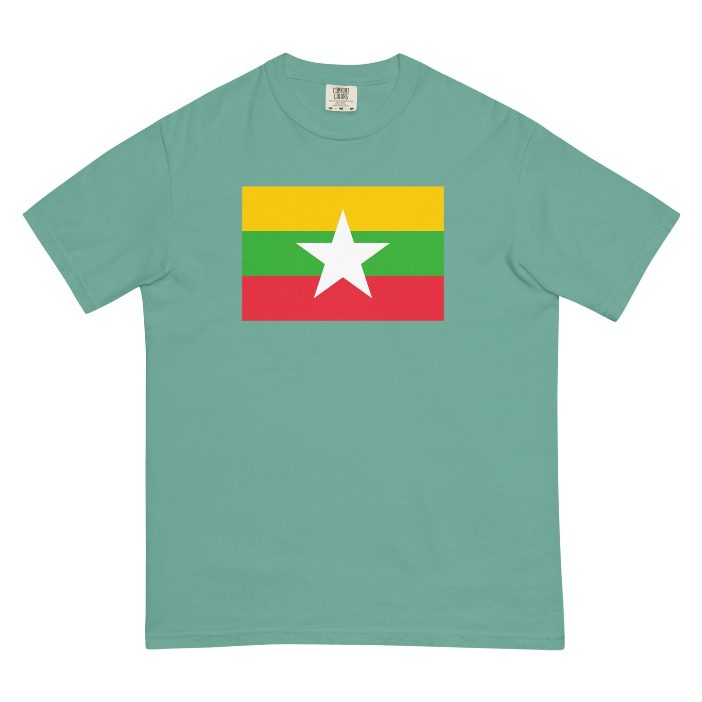 Stylish Myanmar Burma flag t-shirt laid flat, extra large, hemp