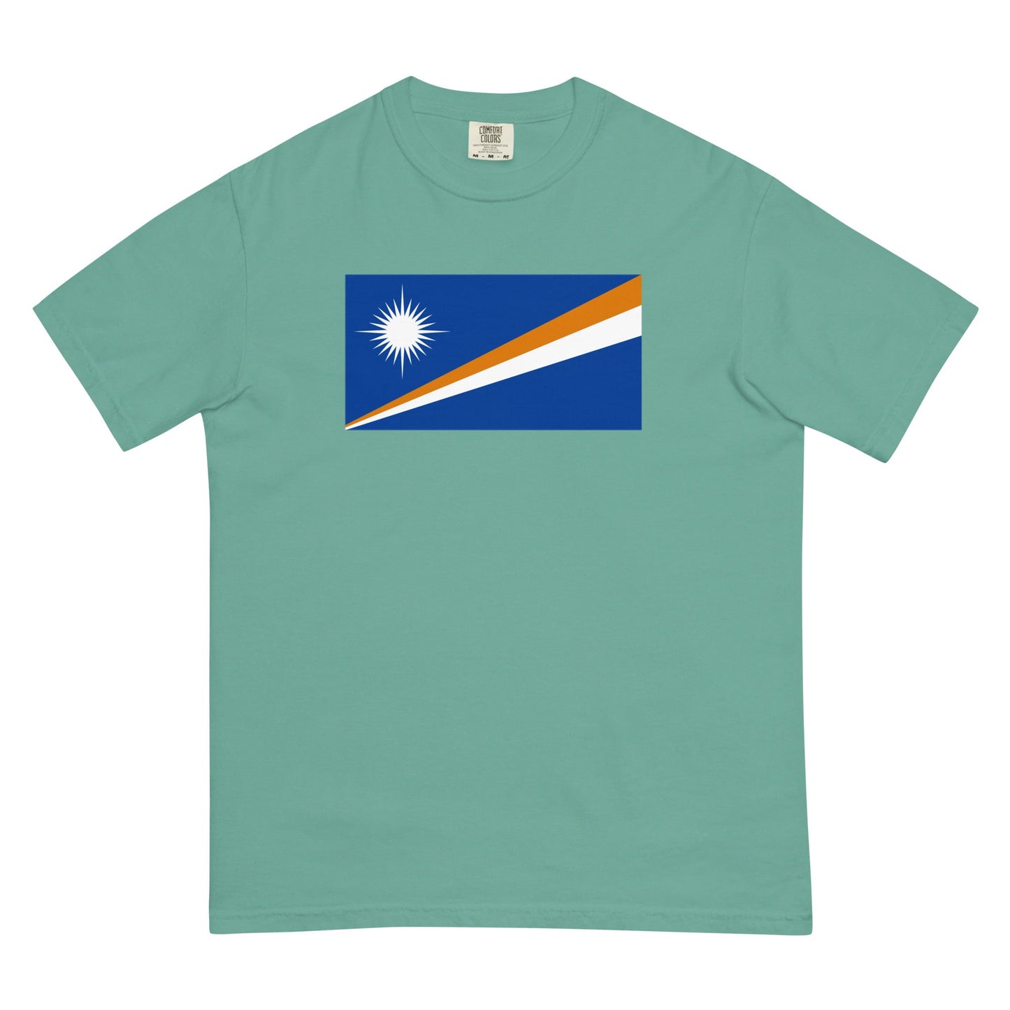 Flat lay of brick Marshall Islands flag tee, small size