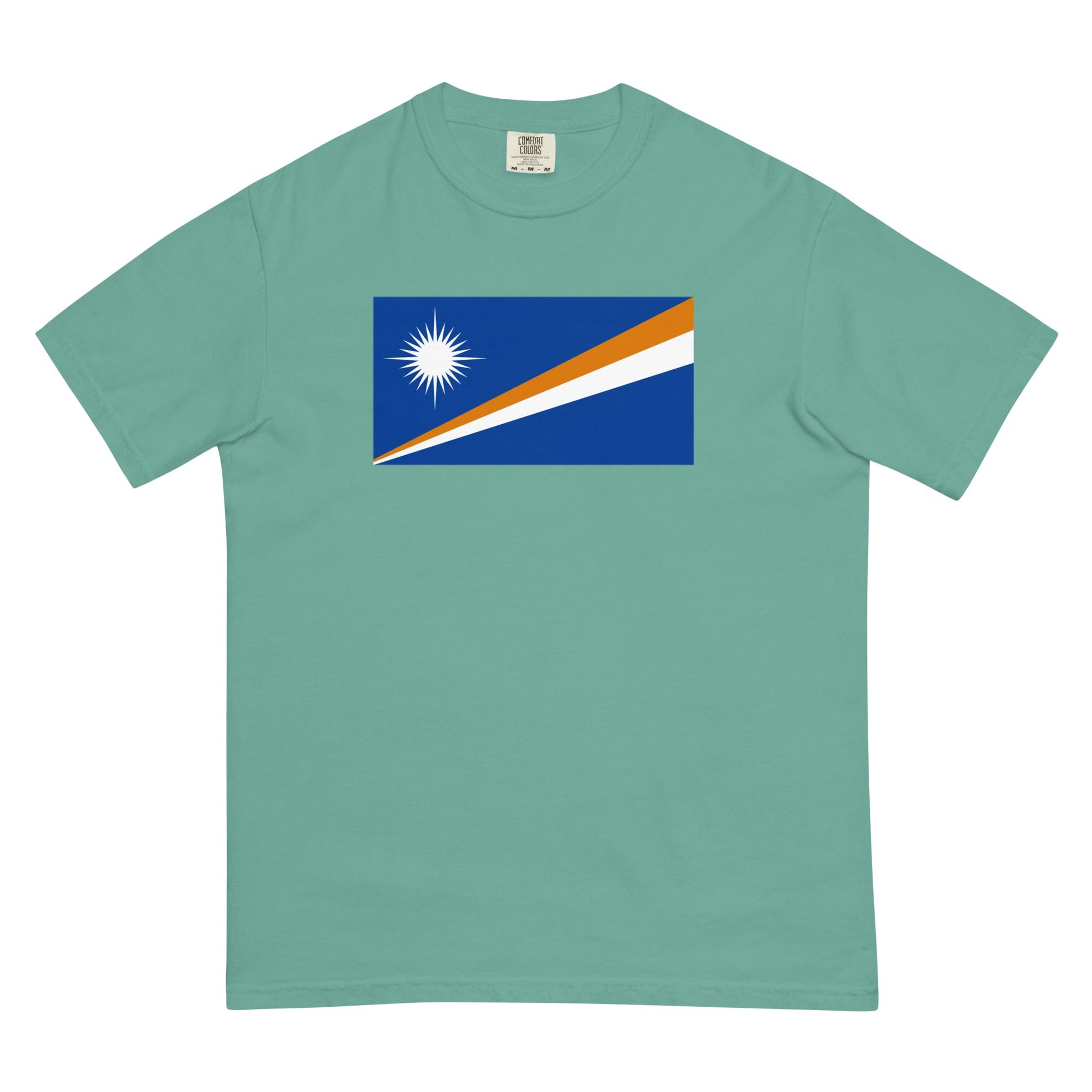 Flat lay of brick Marshall Islands flag tee, small size