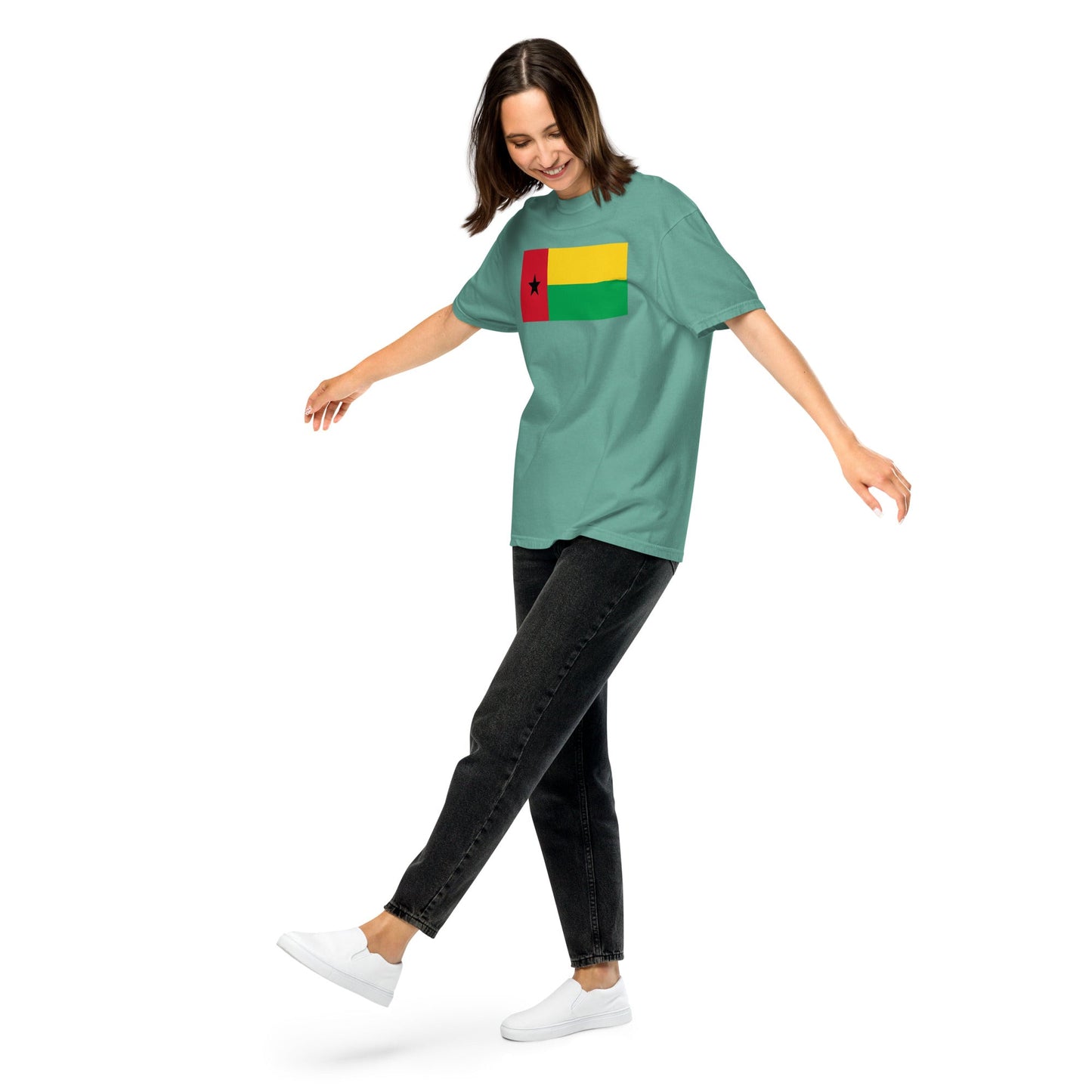 Stylish Guinea Bissau flag t-shirt laid flat, 3X large, true navy