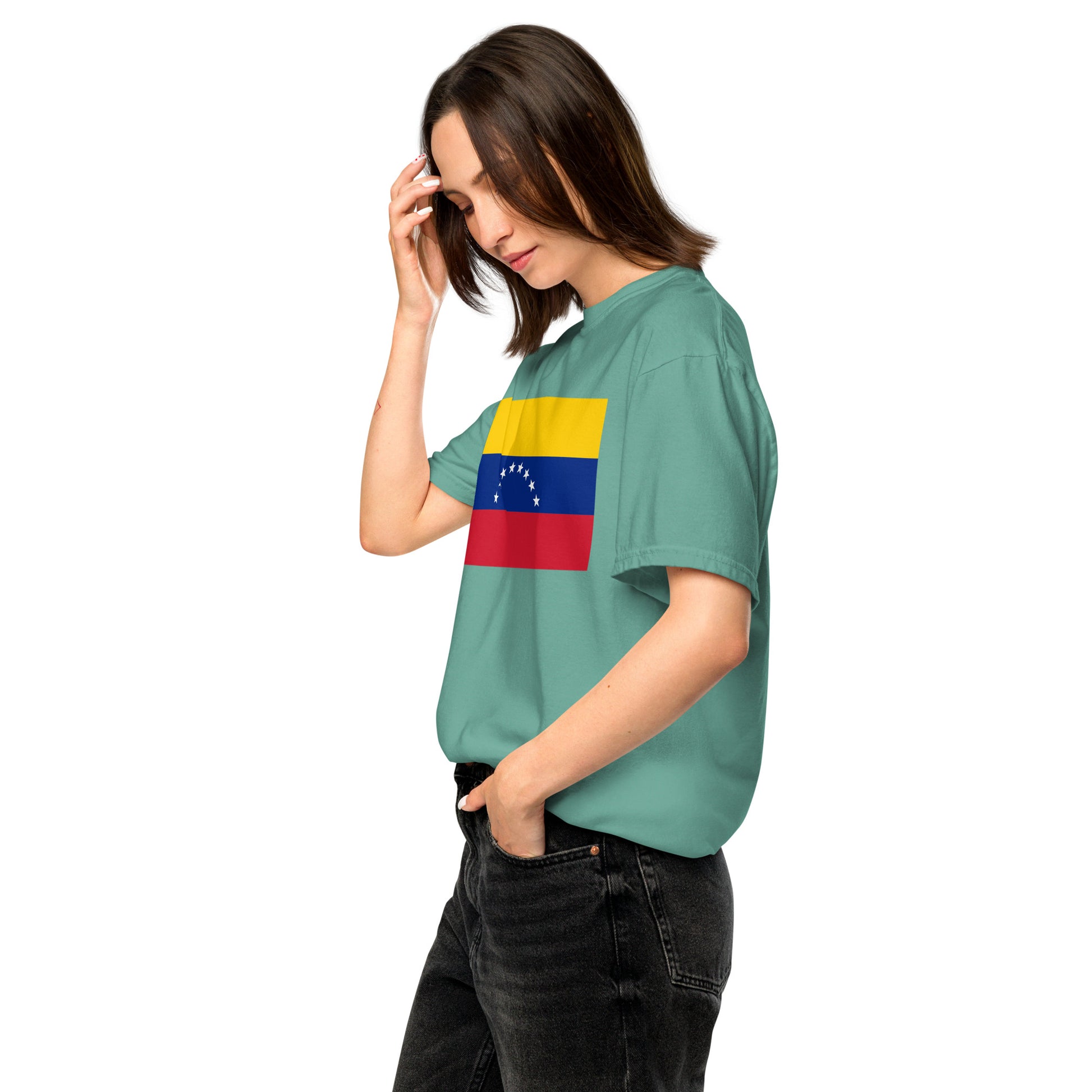 Flat lay of crimson Venezuela flag tee, 2X large size