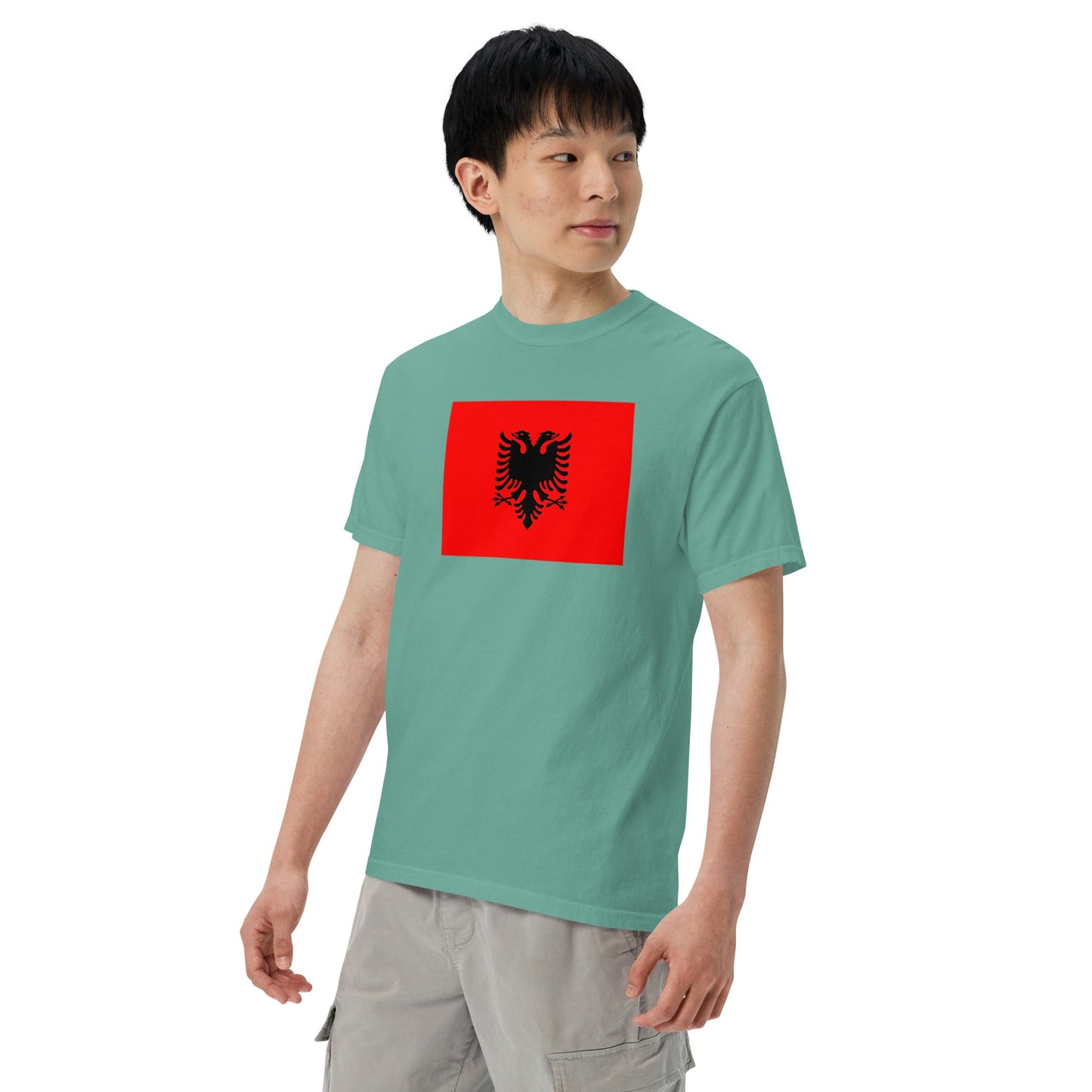 Stylish Albania flag t-shirt laid flat, large, true navy