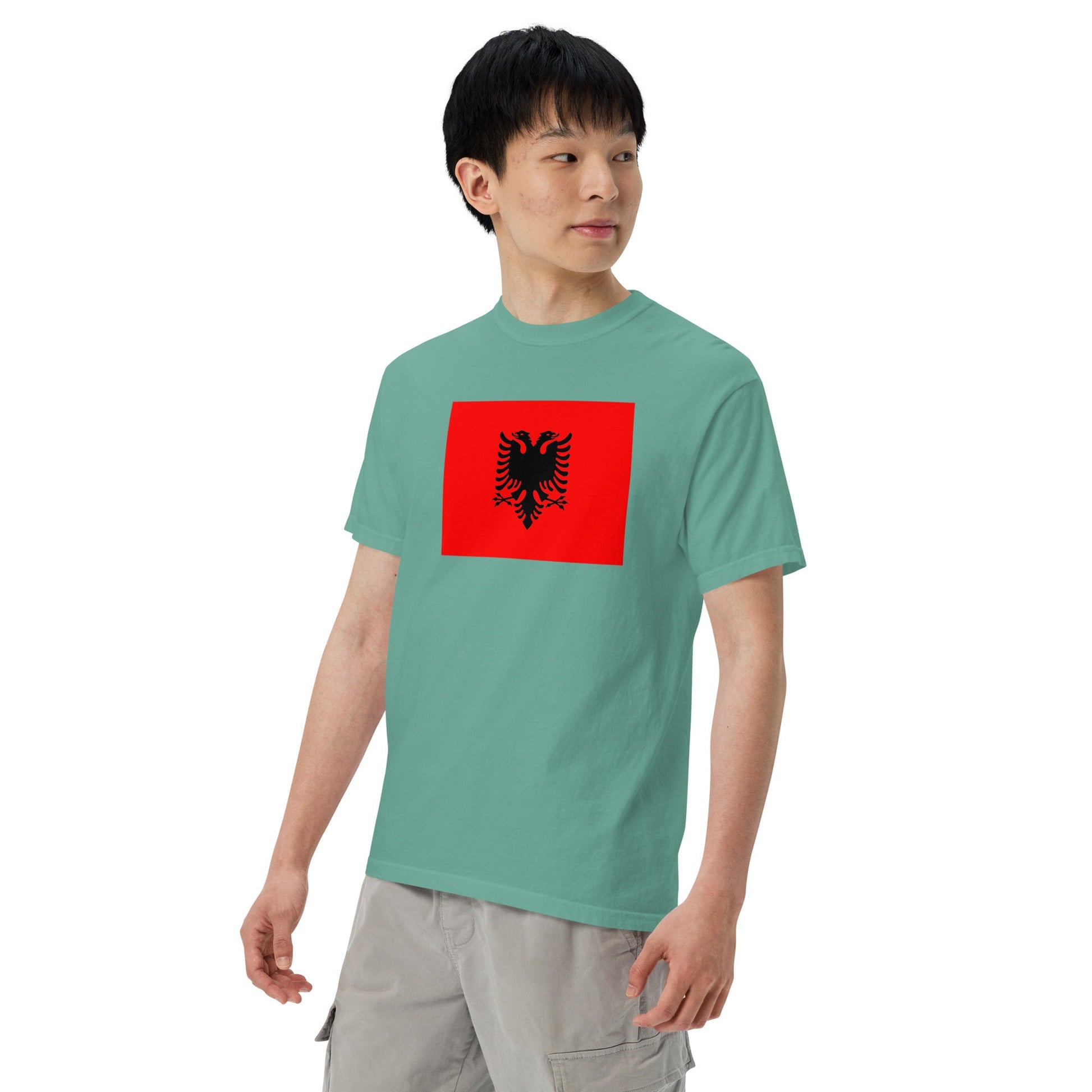 Stylish Albania flag t-shirt laid flat, large, true navy