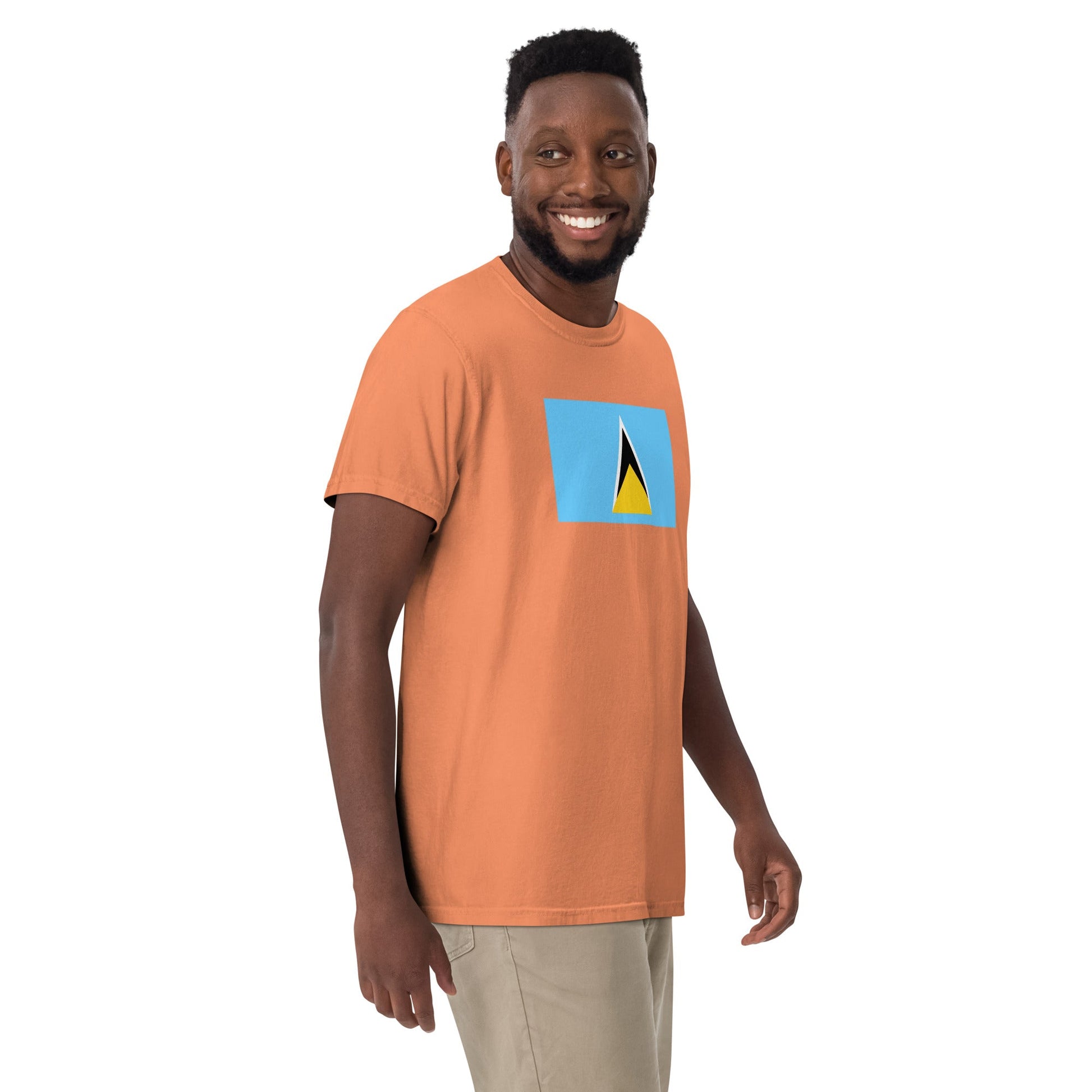 Bold Saint Lucia flag design tee in black, extra large