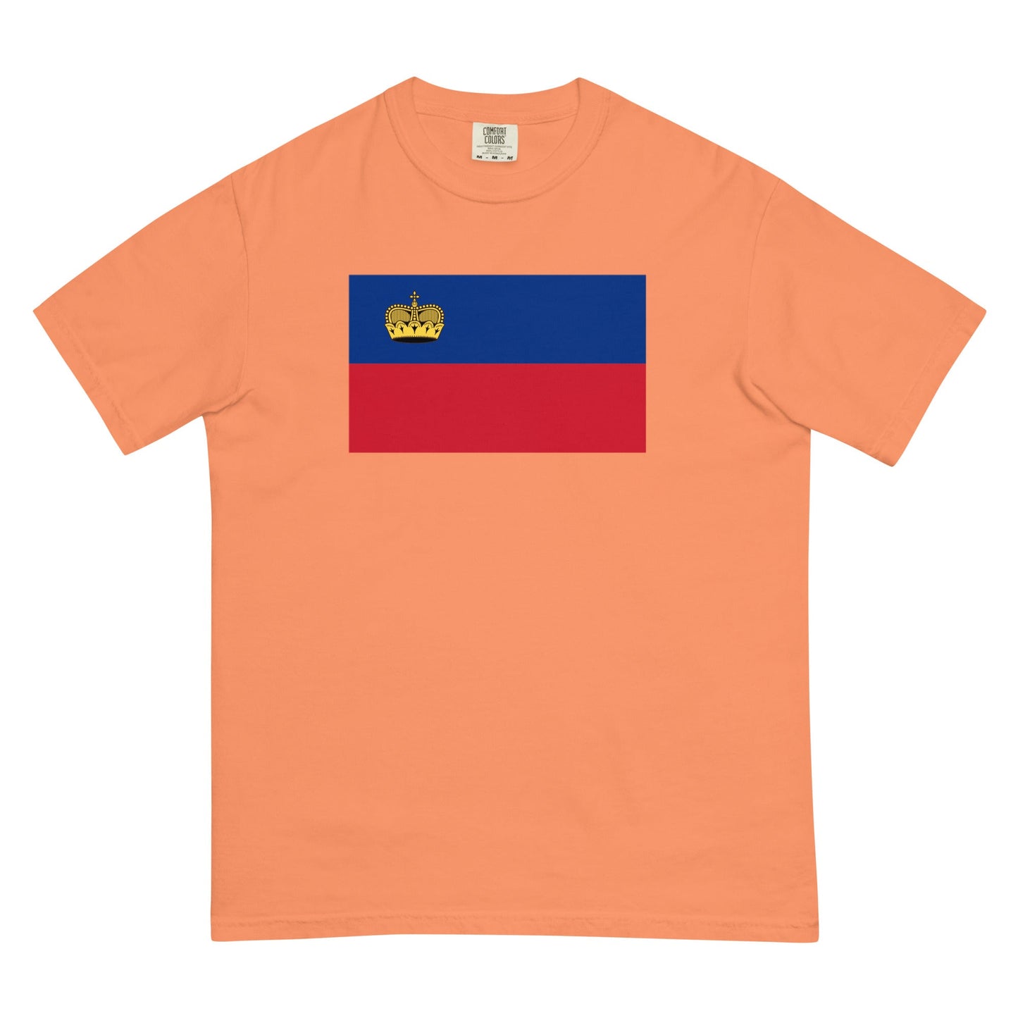 Stylish Liechtenstein flag t-shirt laid flat, medium, espresso