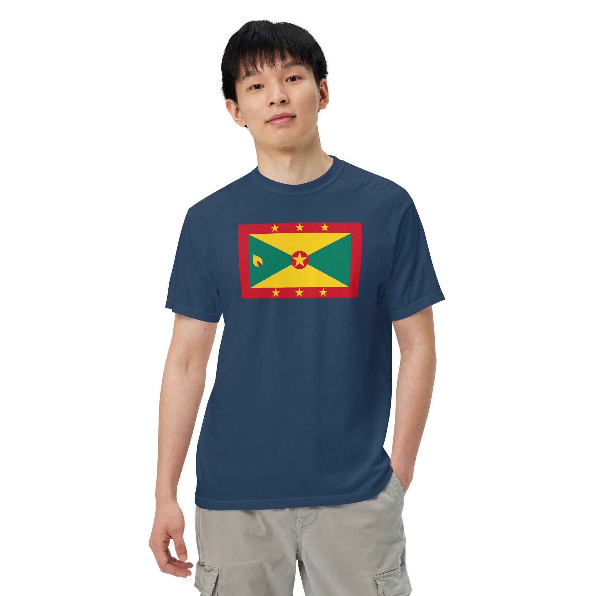 Stylish Grenada flag t-shirt laid flat, large, black