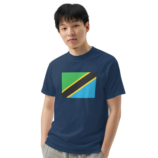 Stylish Tanzania flag t-shirt laid flat, medium, black