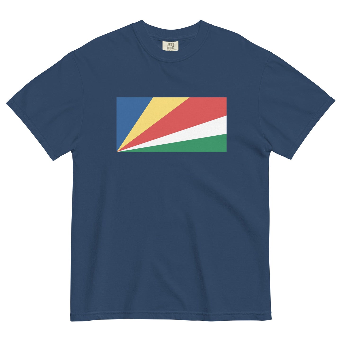 Flat lay of black Seychelles flag tee, 2X large size