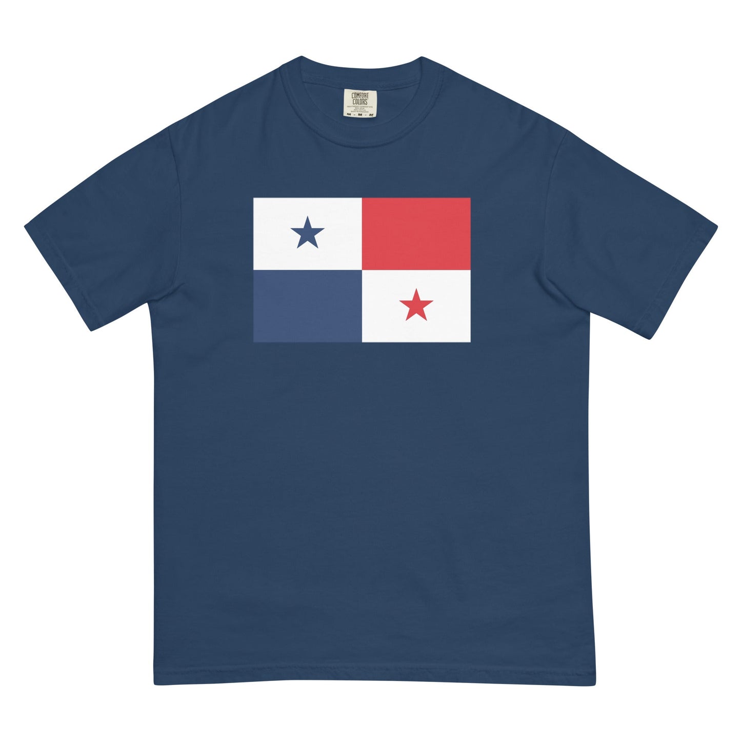 Flat lay of true navy Panama flag tee, small size