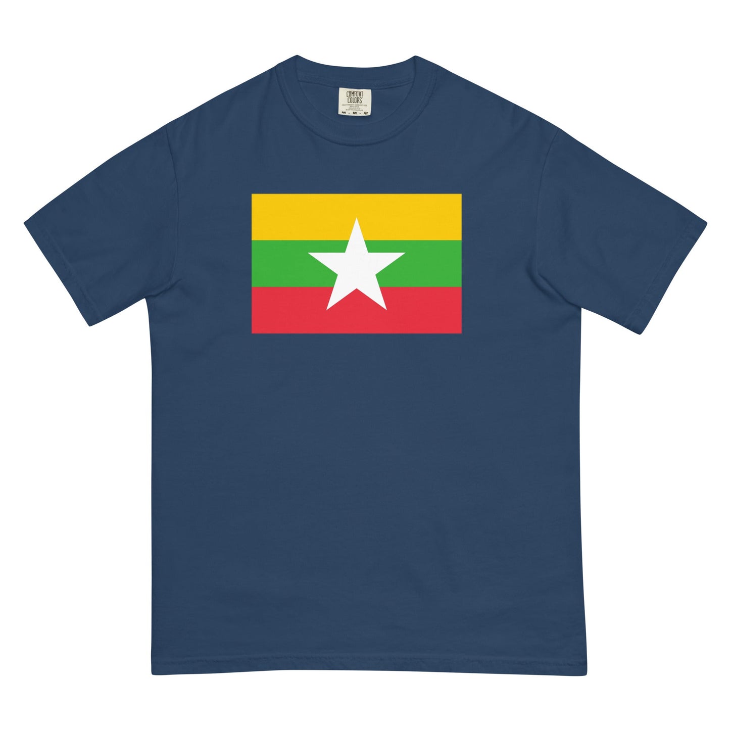 Stylish Myanmar Burma flag t-shirt laid flat, 4X large, true navy