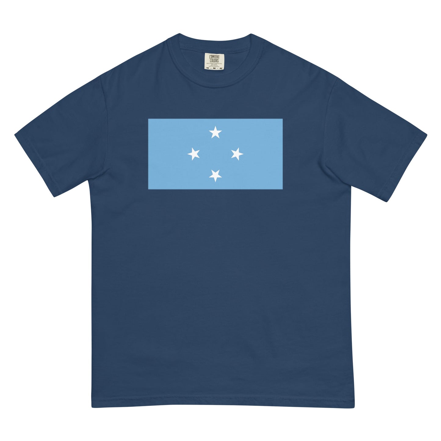 Flat lay of true navy Micronesia flag tee, 3X large size