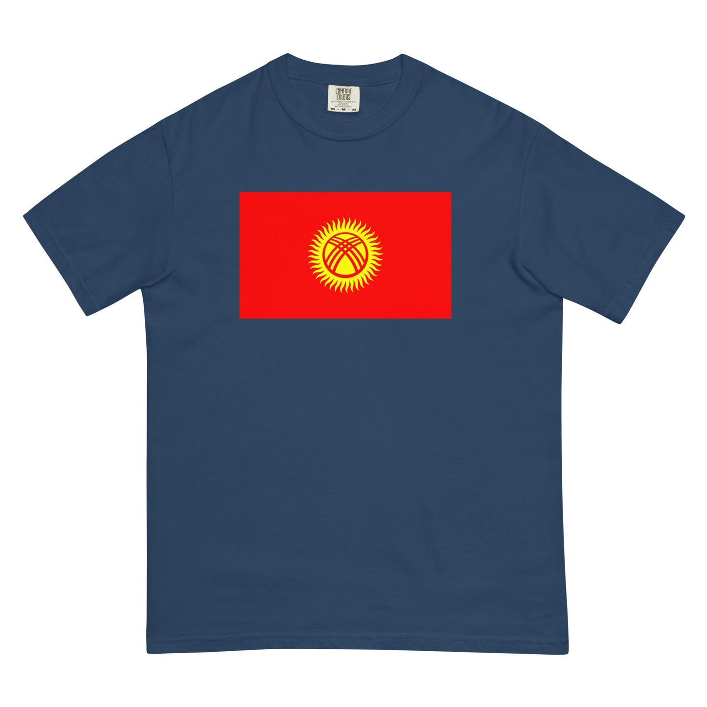 Flat lay of blue spruce Kyrgyzstan flag tee, extra large size