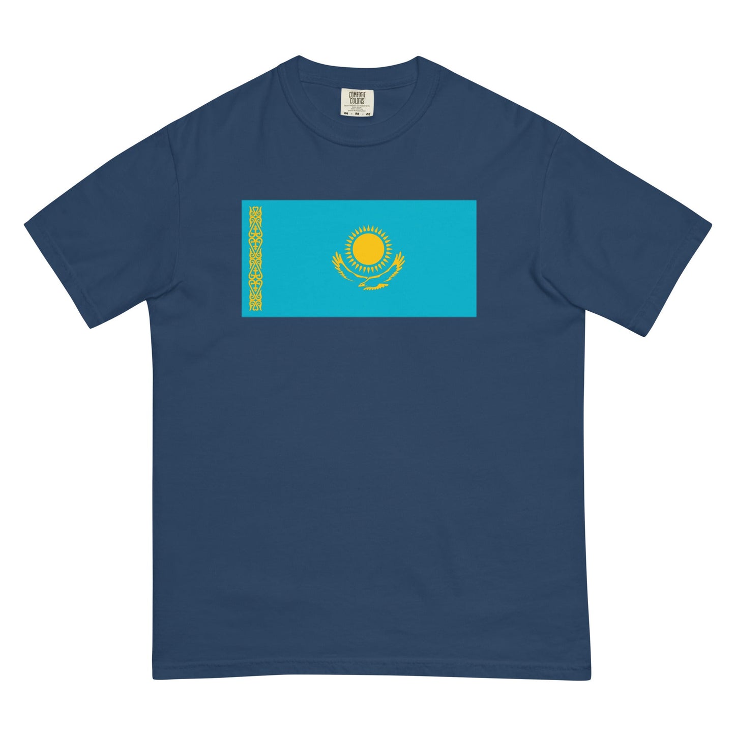 Stylish Kazakhstan flag t-shirt laid flat, 4X large, true navy