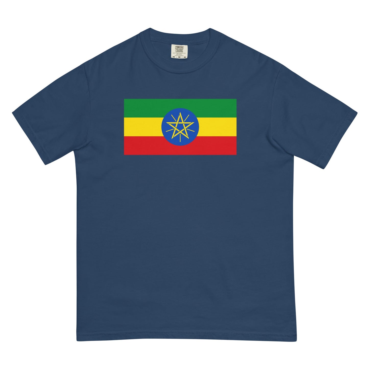 Flat lay of blue spruce Ethiopia flag tee, medium size