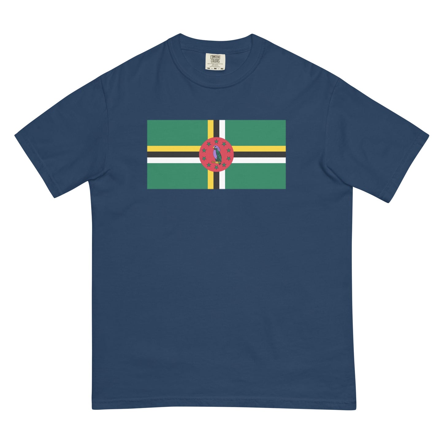 Stylish Dominica 1 flag t-shirt laid flat, large, blue spruce