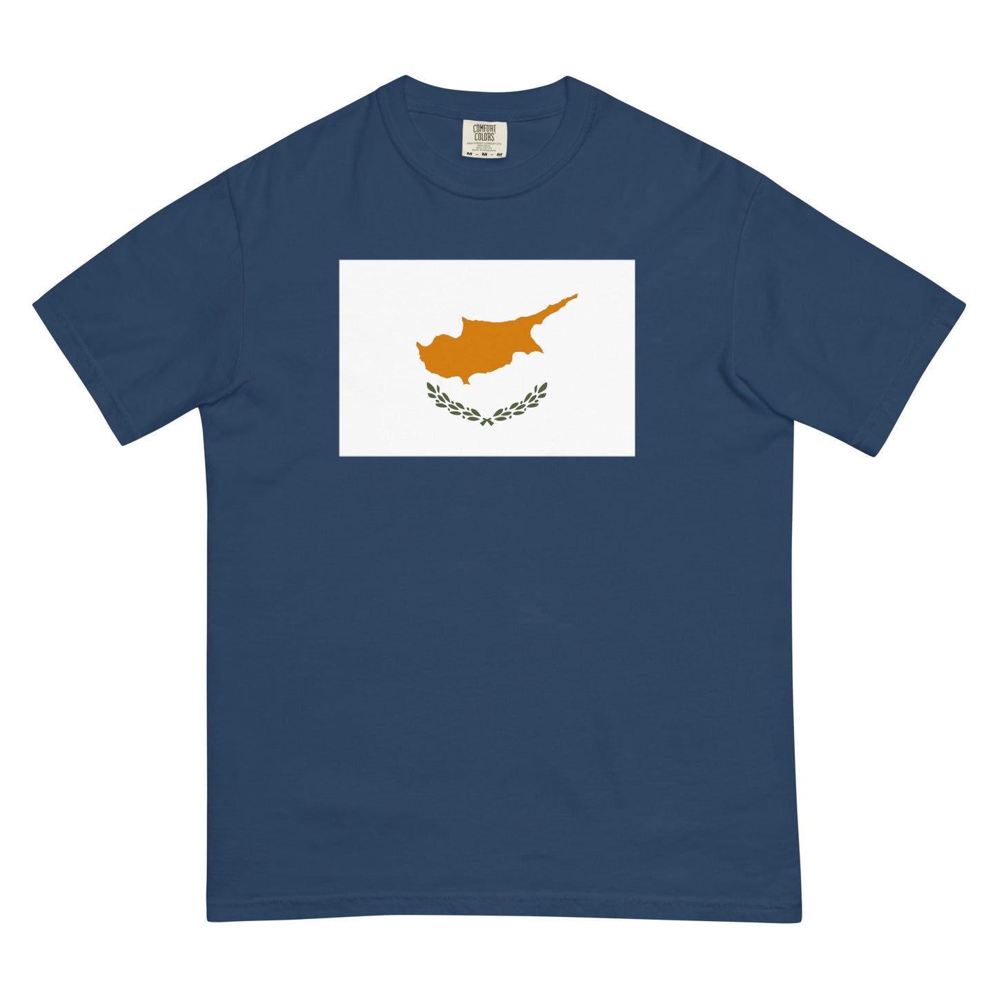 Flat lay of hemp Cyprus flag tee, medium size