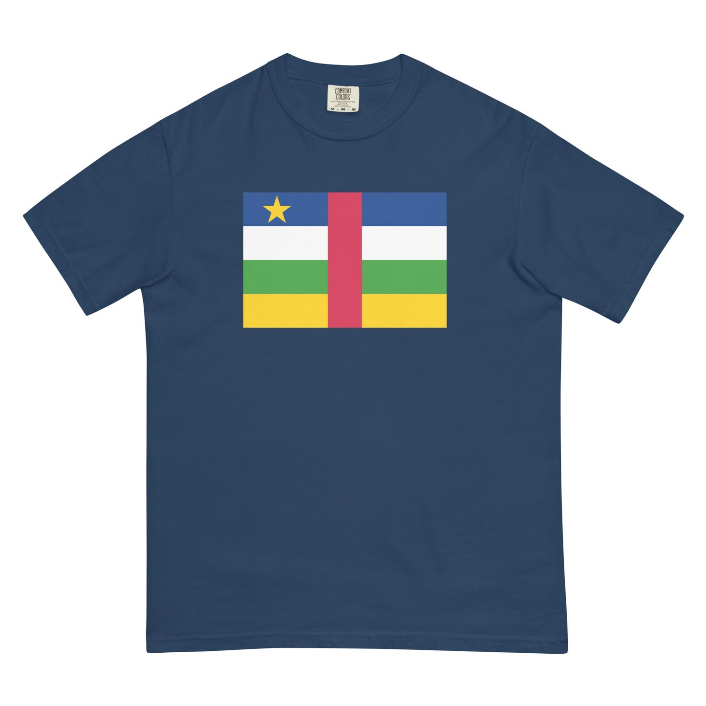 Flat lay of blue spruce Central African Republic flag tee, medium size