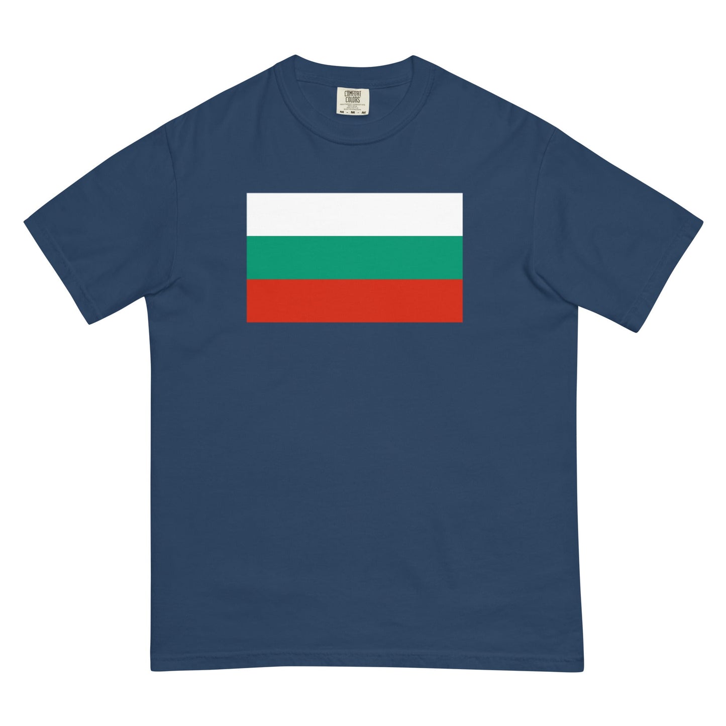 Flat lay of blue spruce Bulgaria flag tee, medium size
