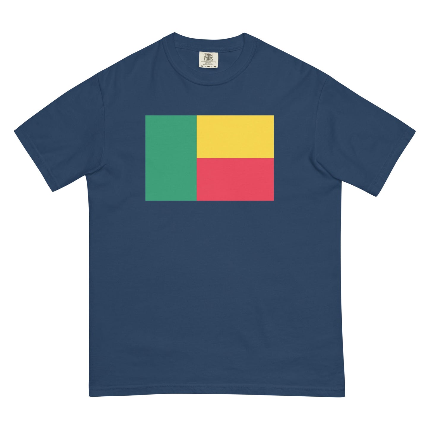 Flat lay of blue spruce Benin flag tee, large size