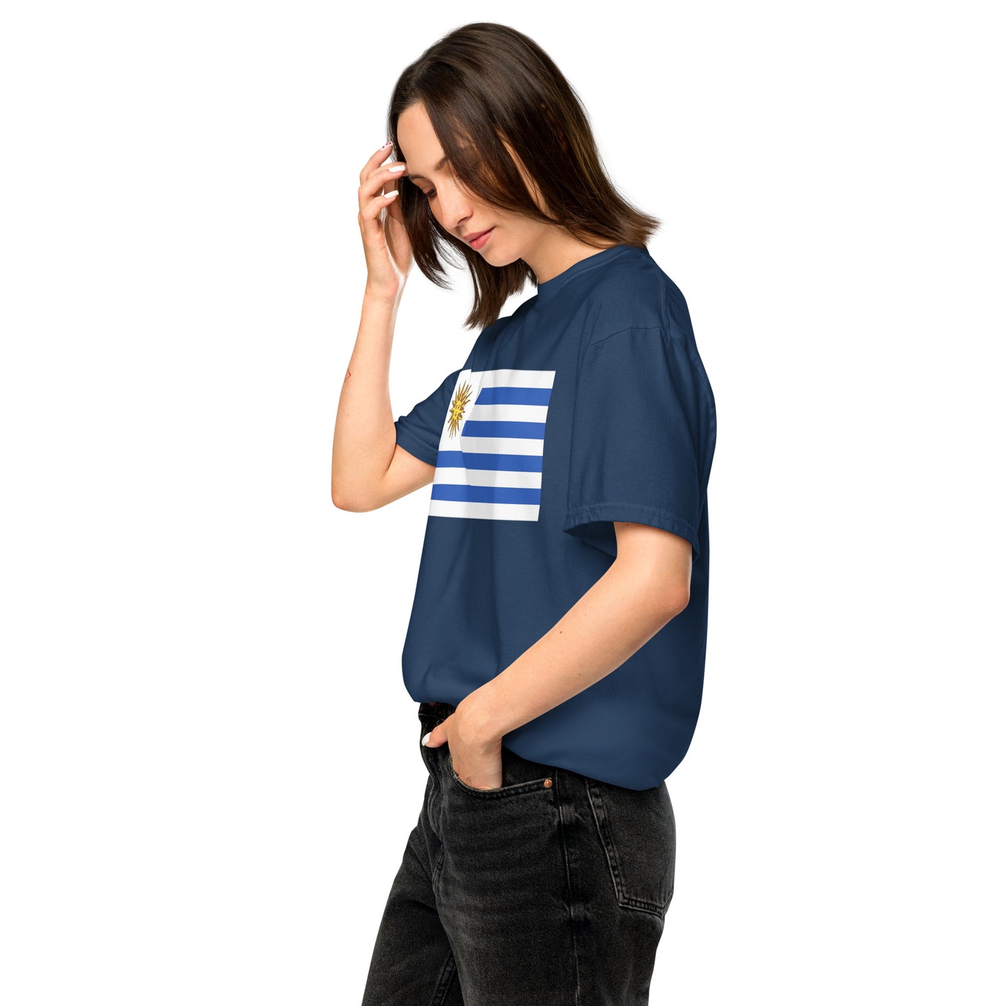 Stylish Uzbekistan 1 flag t-shirt laid flat, large, black