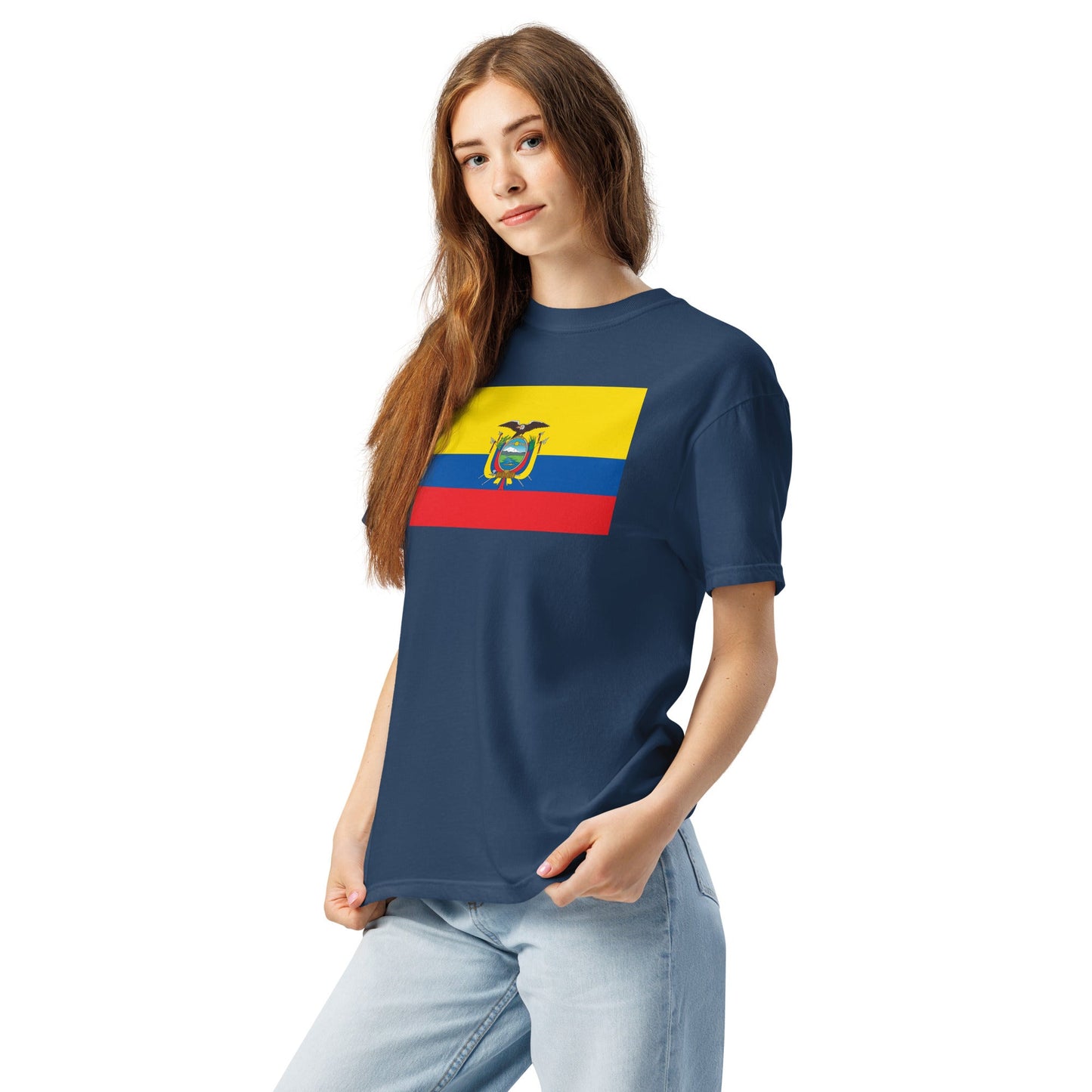 Flat lay of black Ecuador flag tee, extra large size