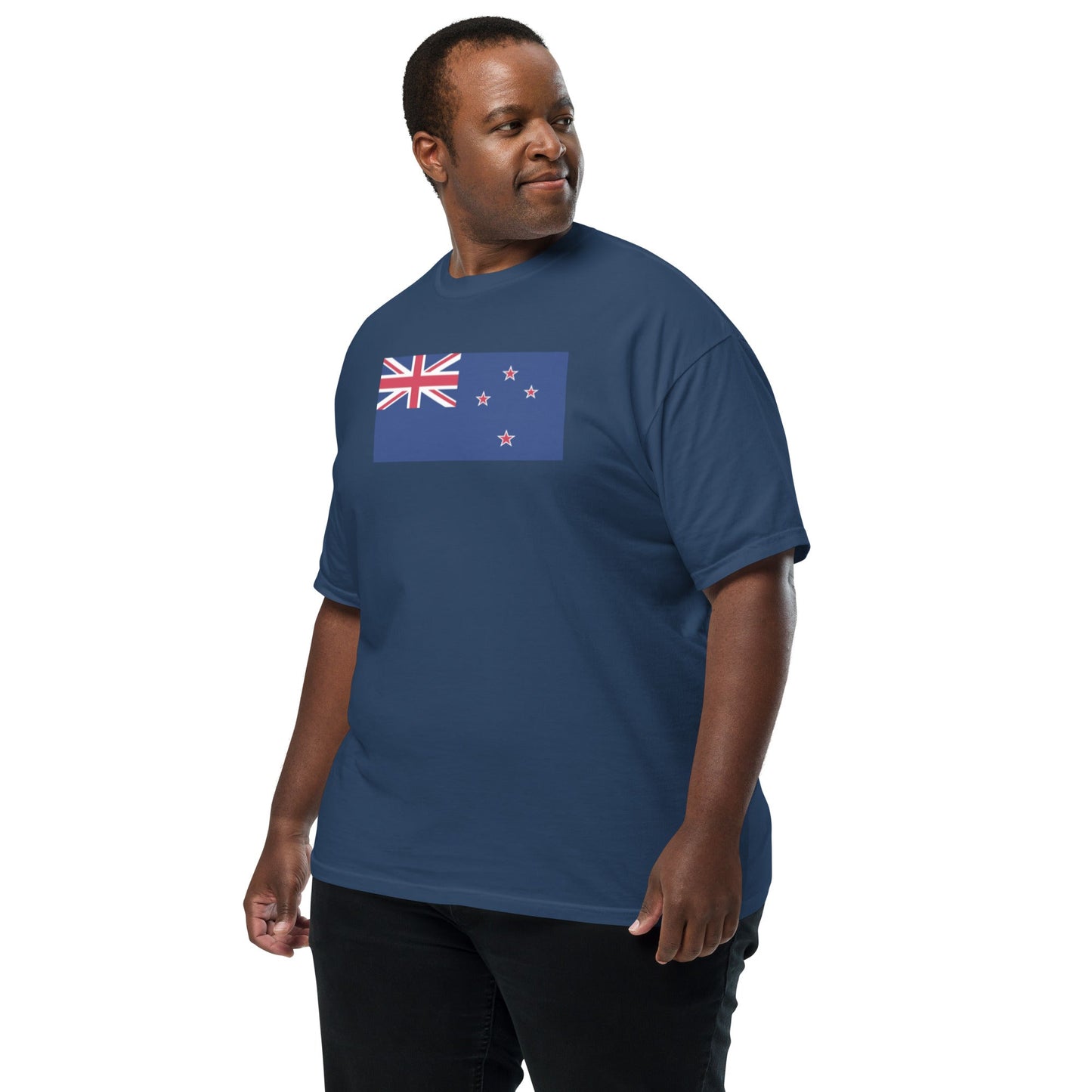 Stylish New Zealand 1 flag t-shirt laid flat, medium, red