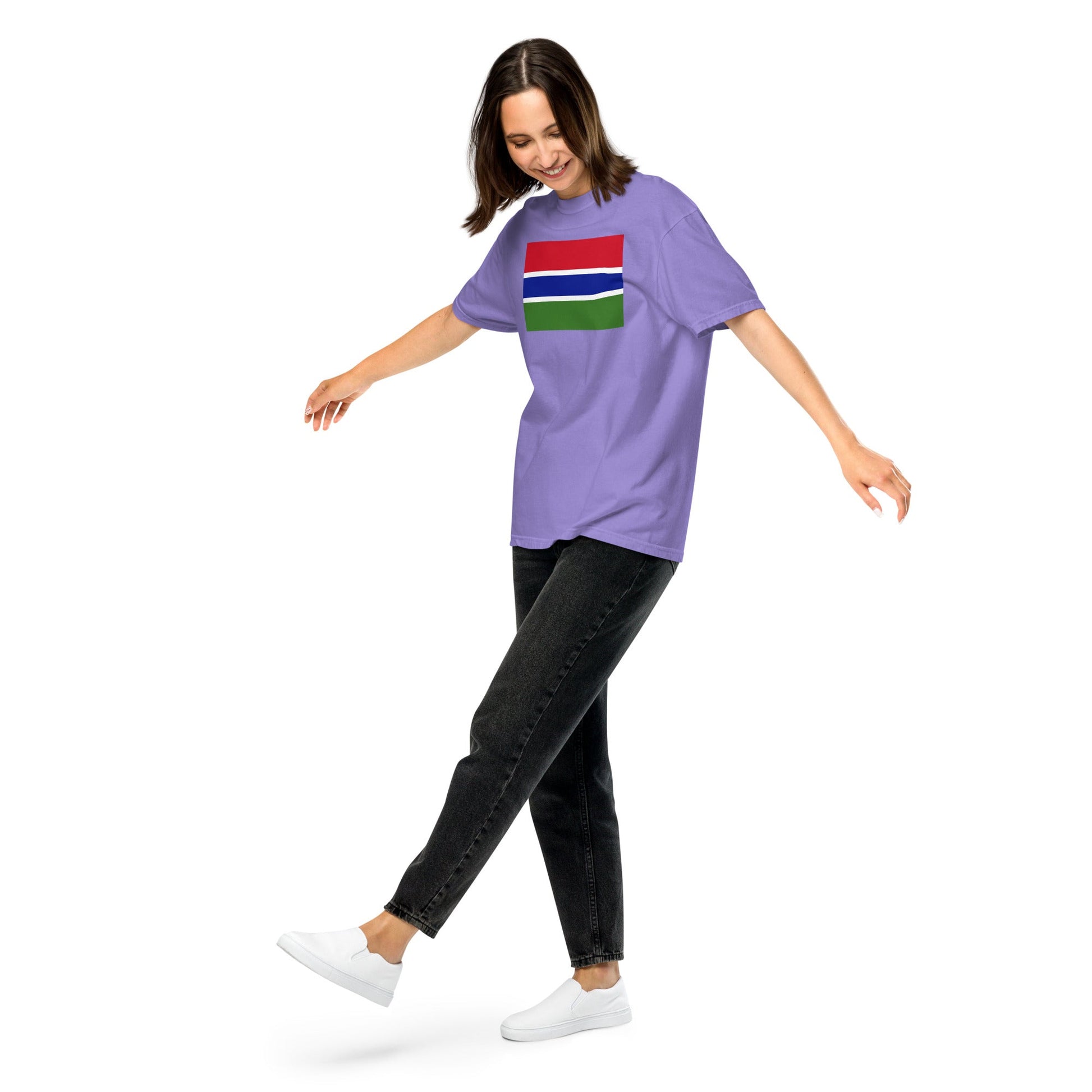 Stylish Gambia flag t-shirt laid flat, small, true navy