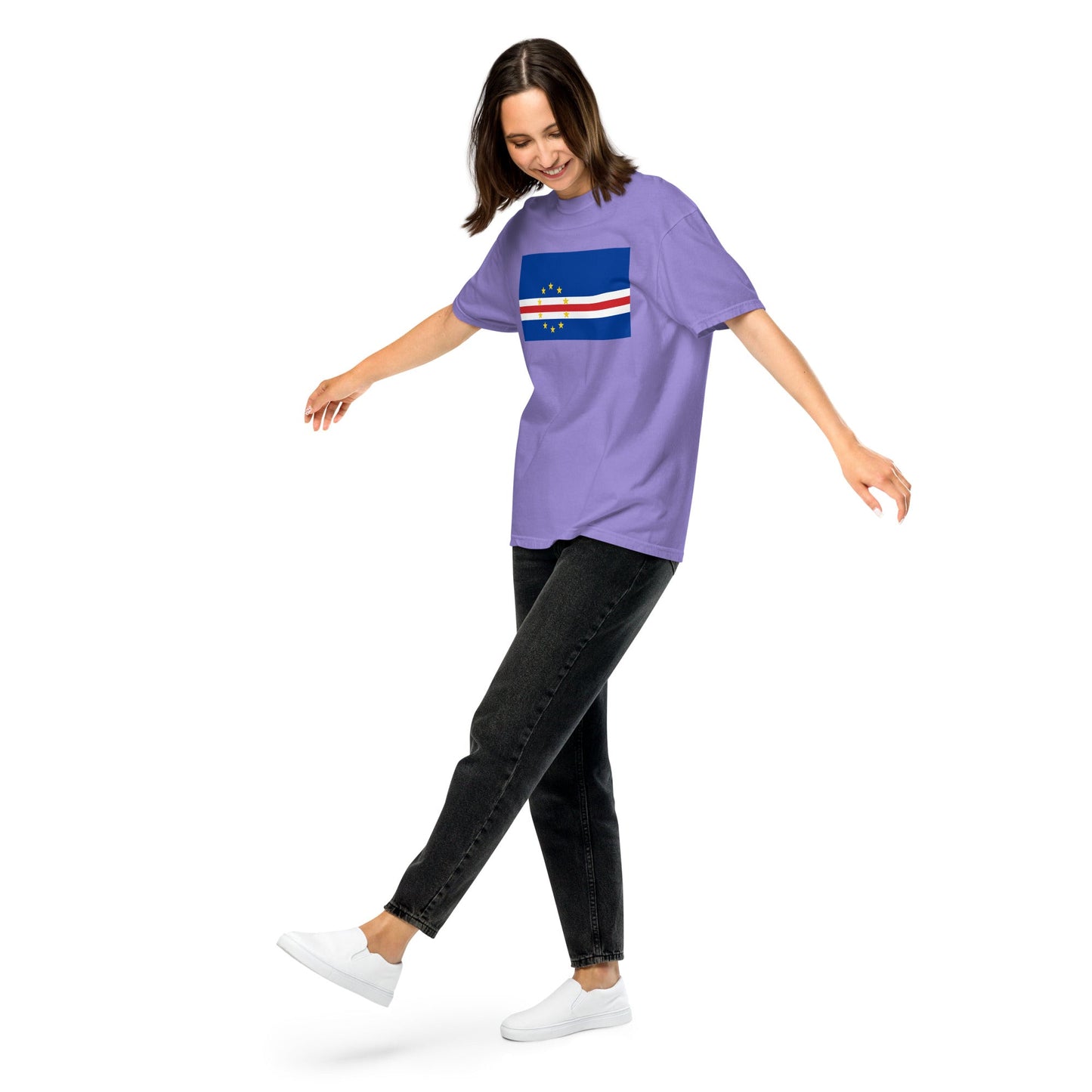 Stylish Cape Verde flag t-shirt laid flat, large, red