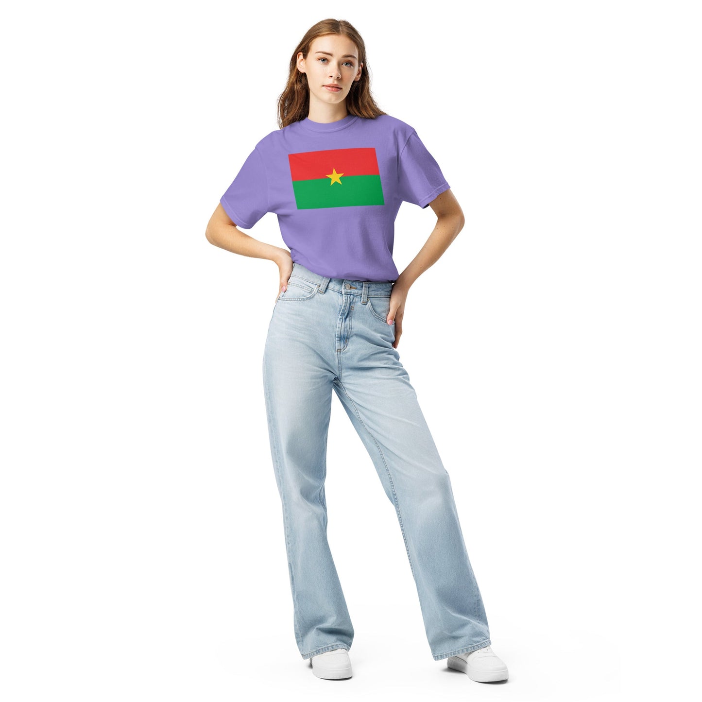 Stylish Burkina Faso flag t-shirt laid flat, medium, black