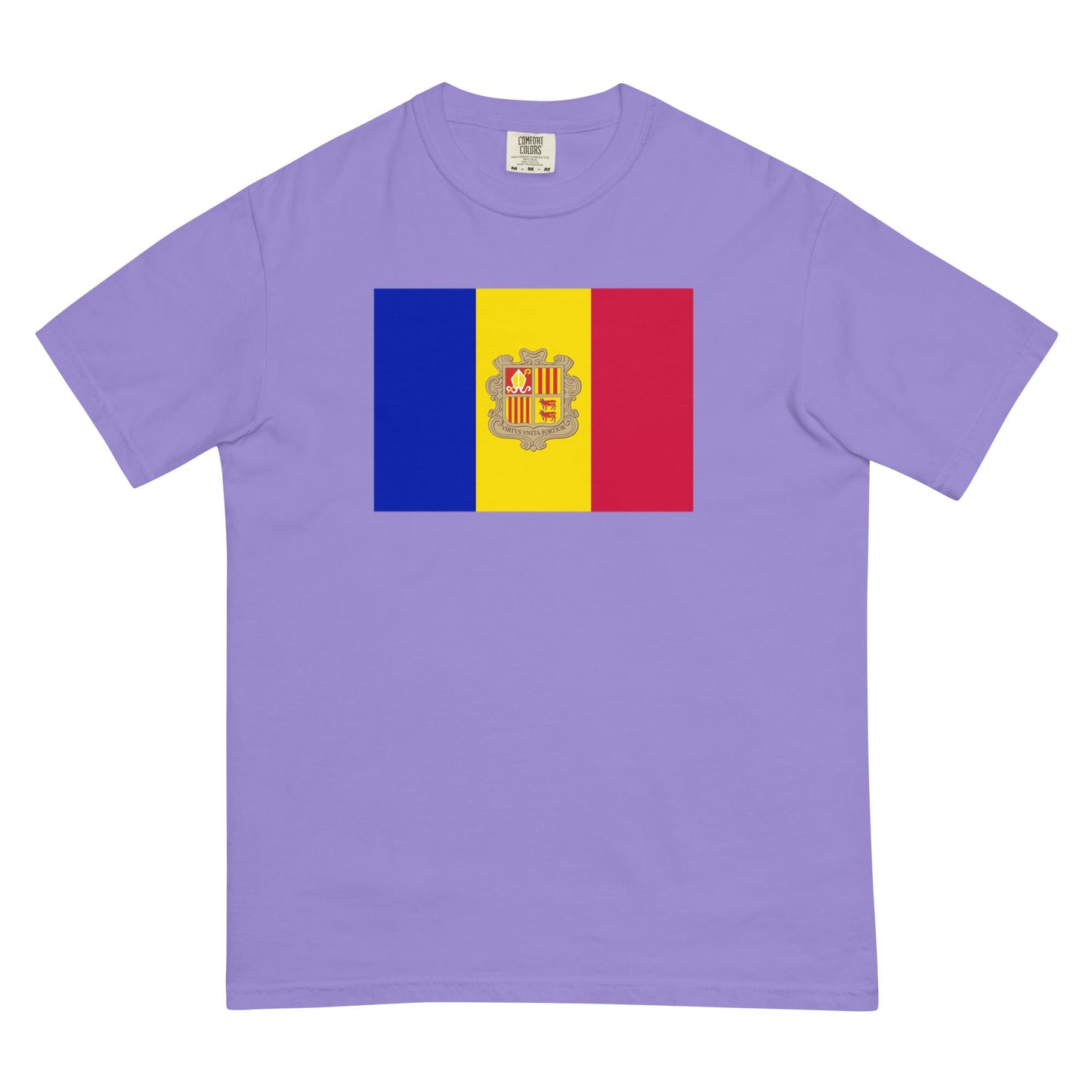 Stylish Andorra flag t-shirt laid flat, small, yam