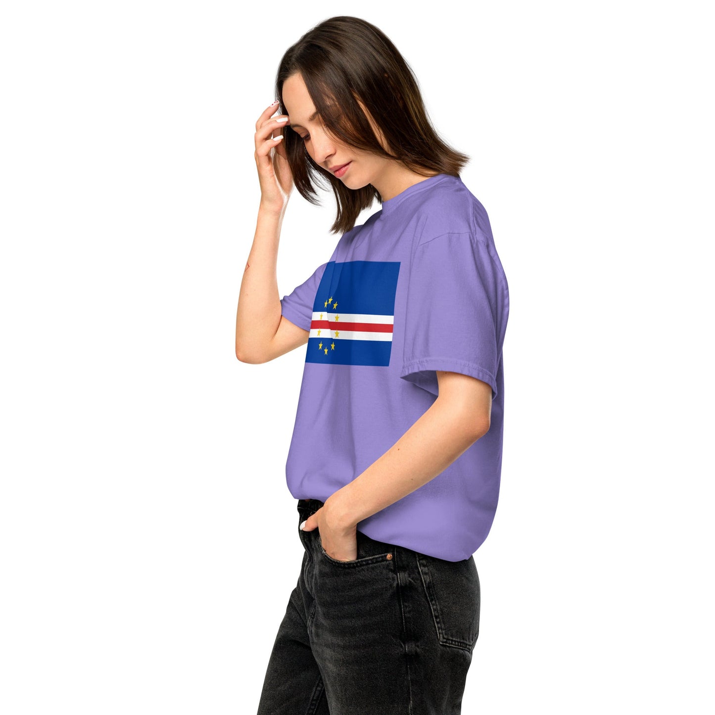 Stylish Cape Verde flag t-shirt laid flat, small, red