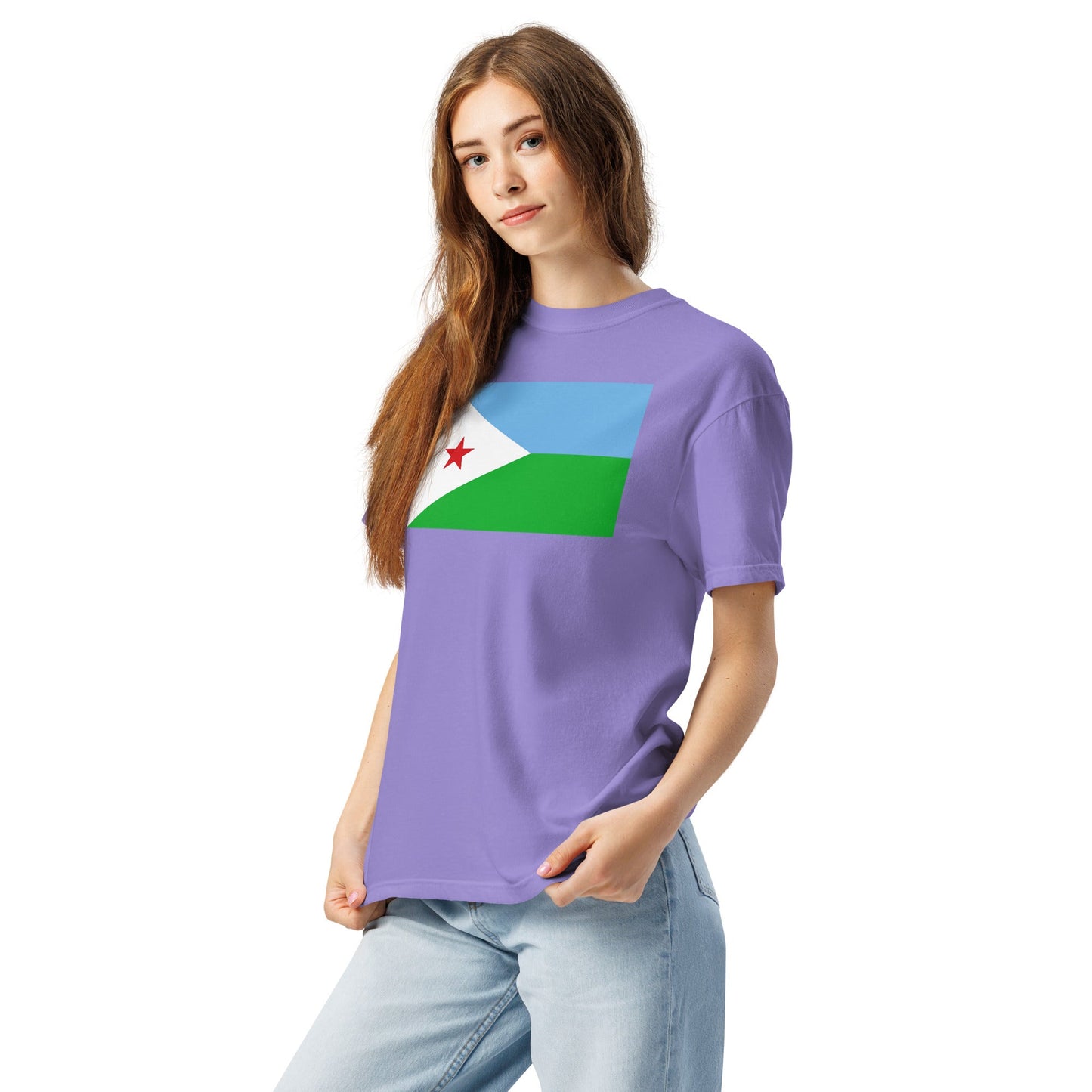 Stylish Djibouti flag t-shirt laid flat, medium, red
