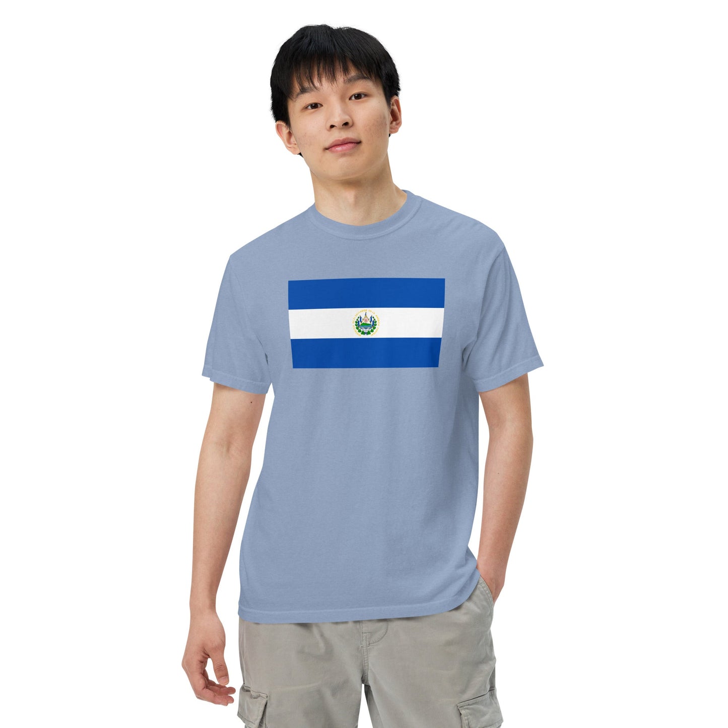 Flat lay of true navy El Salvador flag tee, small size