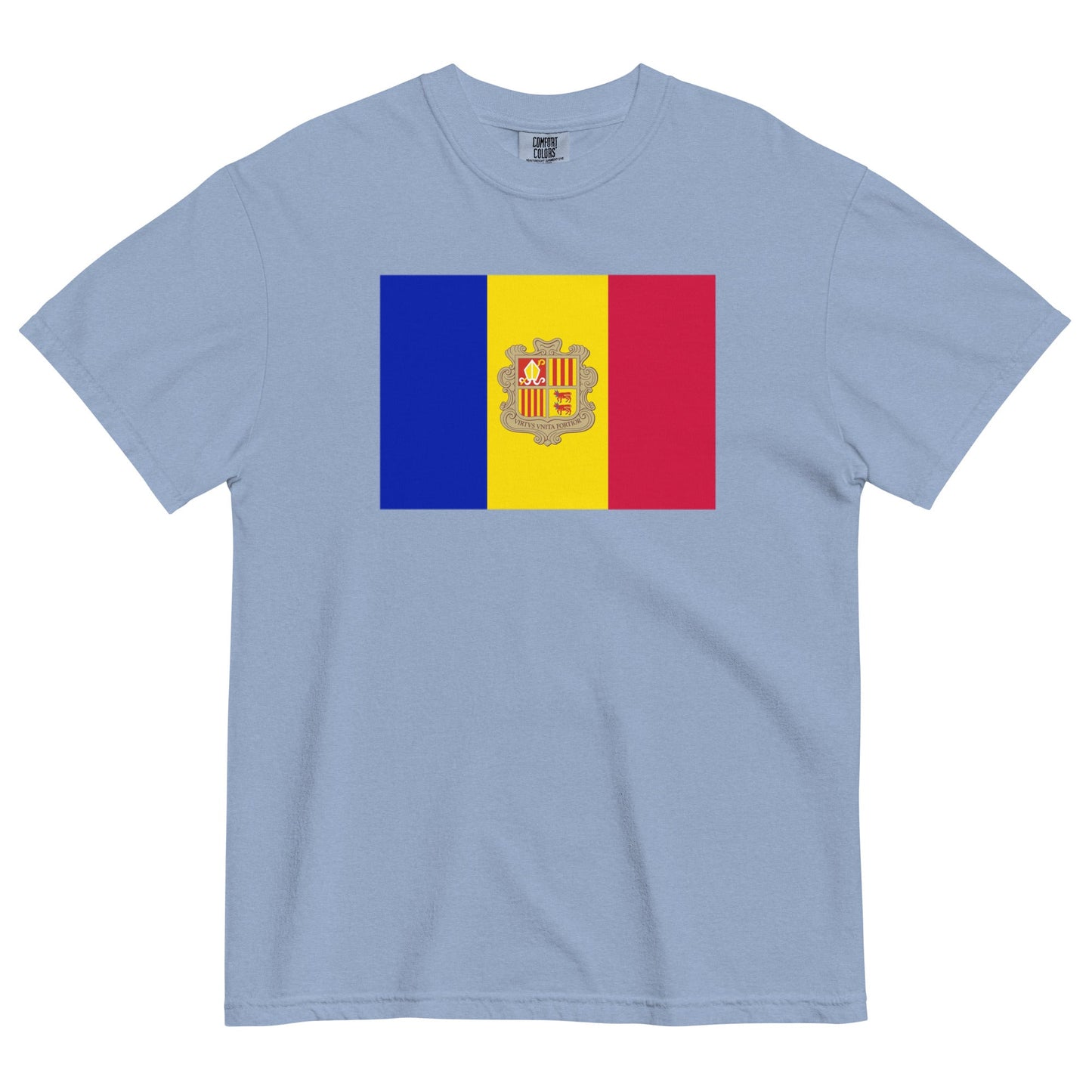 Flat lay of brick Andorra flag tee, 2X large size
