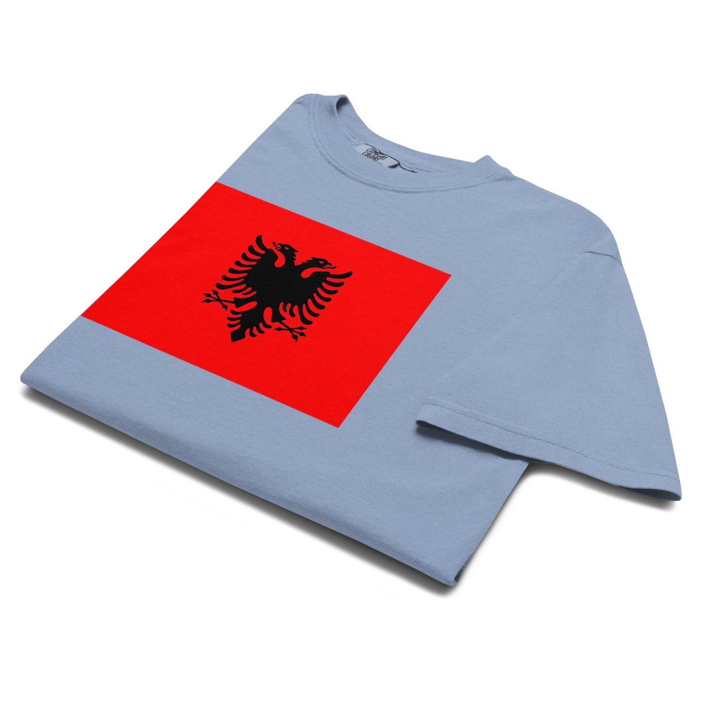 Flat lay of hemp Albania flag tee, medium size