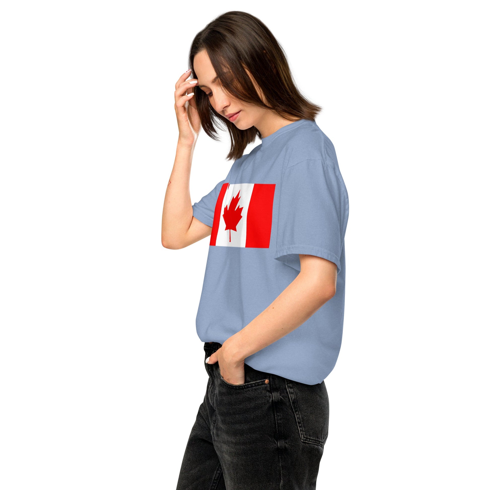 Flat lay of hemp Canada flag tee, small size