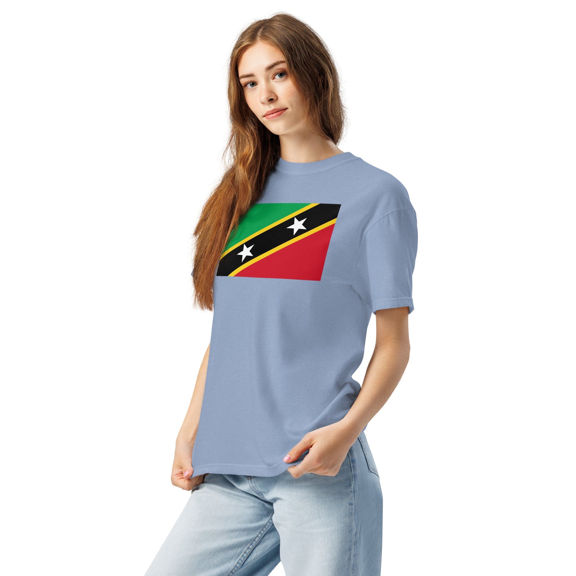 Bold Saint Kitts And Nevis flag design tee in black, extra large