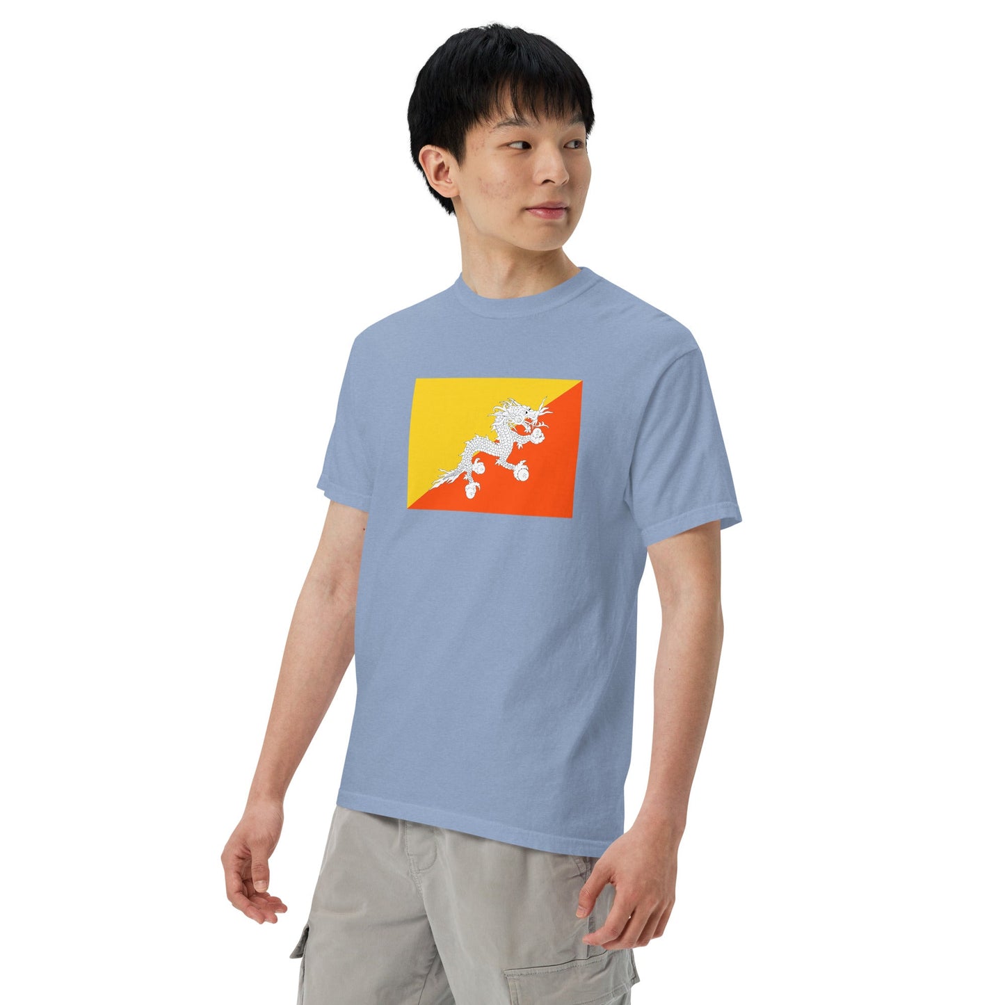 Stylish Bhutan flag t-shirt laid flat, large, true navy