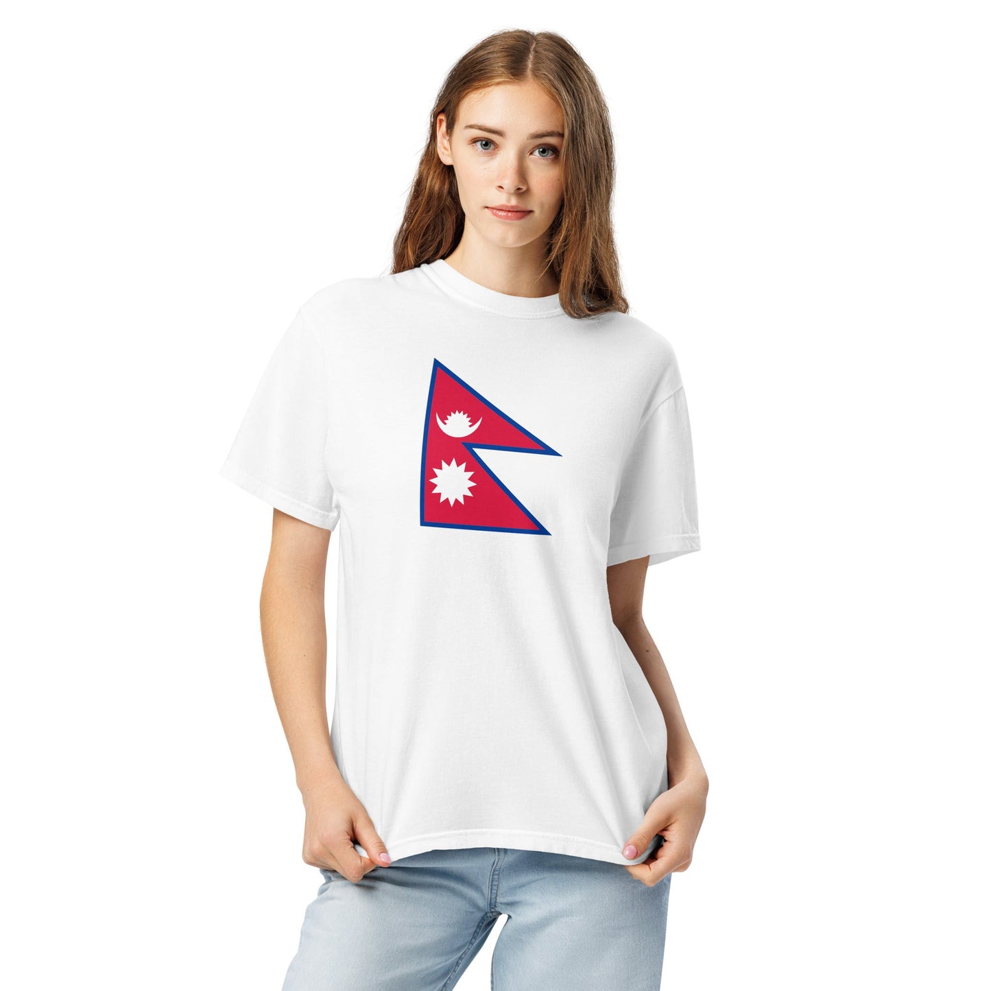 Flat lay of red Nepal flag tee, large size