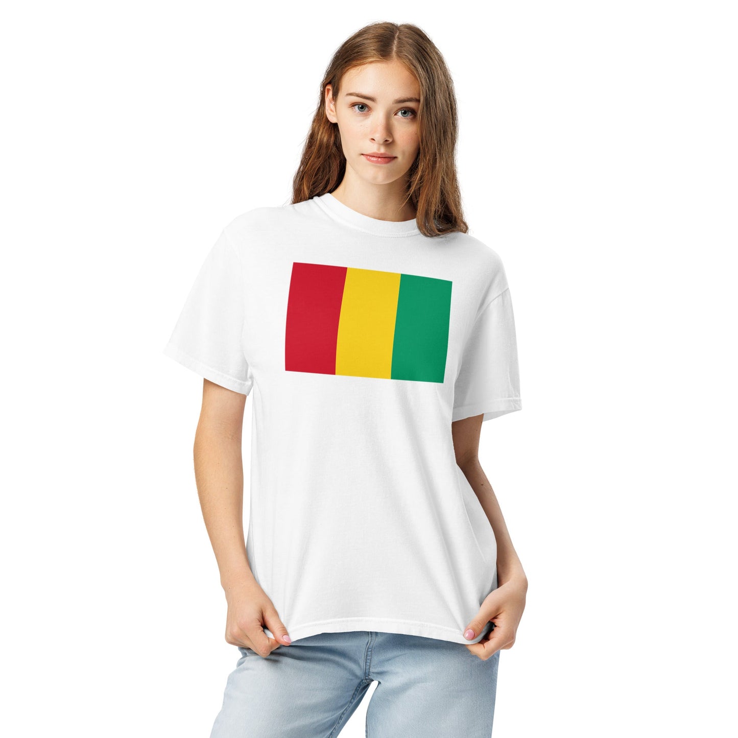 Flat lay of blue spruce Guinea flag tee, 2X large size