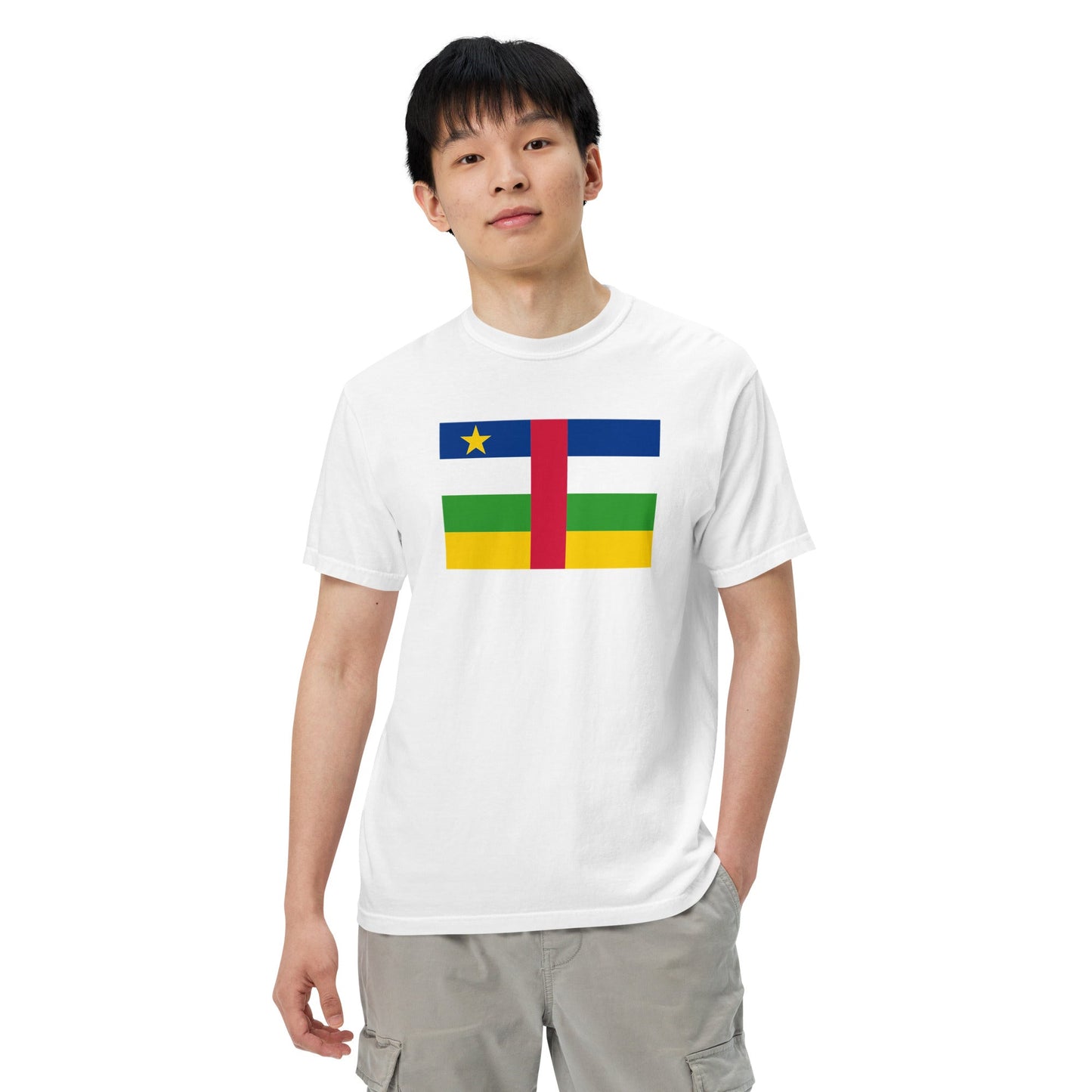 Flat lay of true navy Central African Republic flag tee, 4X large size