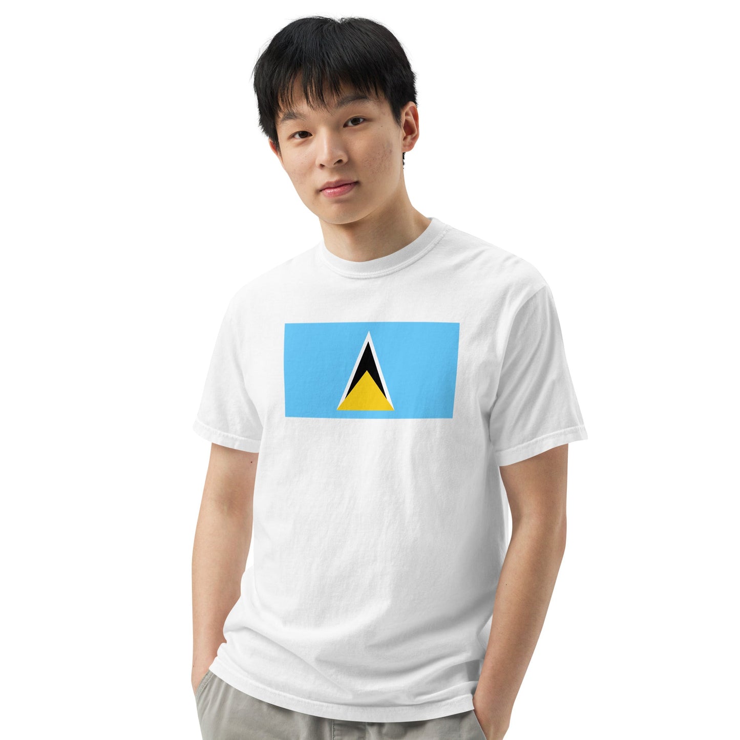 Stylish Saint Lucia flag t-shirt laid flat, medium, black