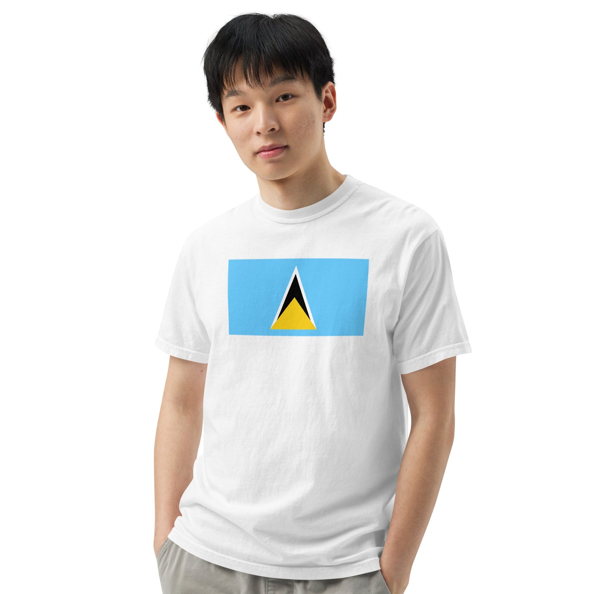 Stylish Saint Lucia flag t-shirt laid flat, medium, black