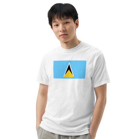 Stylish Saint Lucia flag t-shirt laid flat, medium, black
