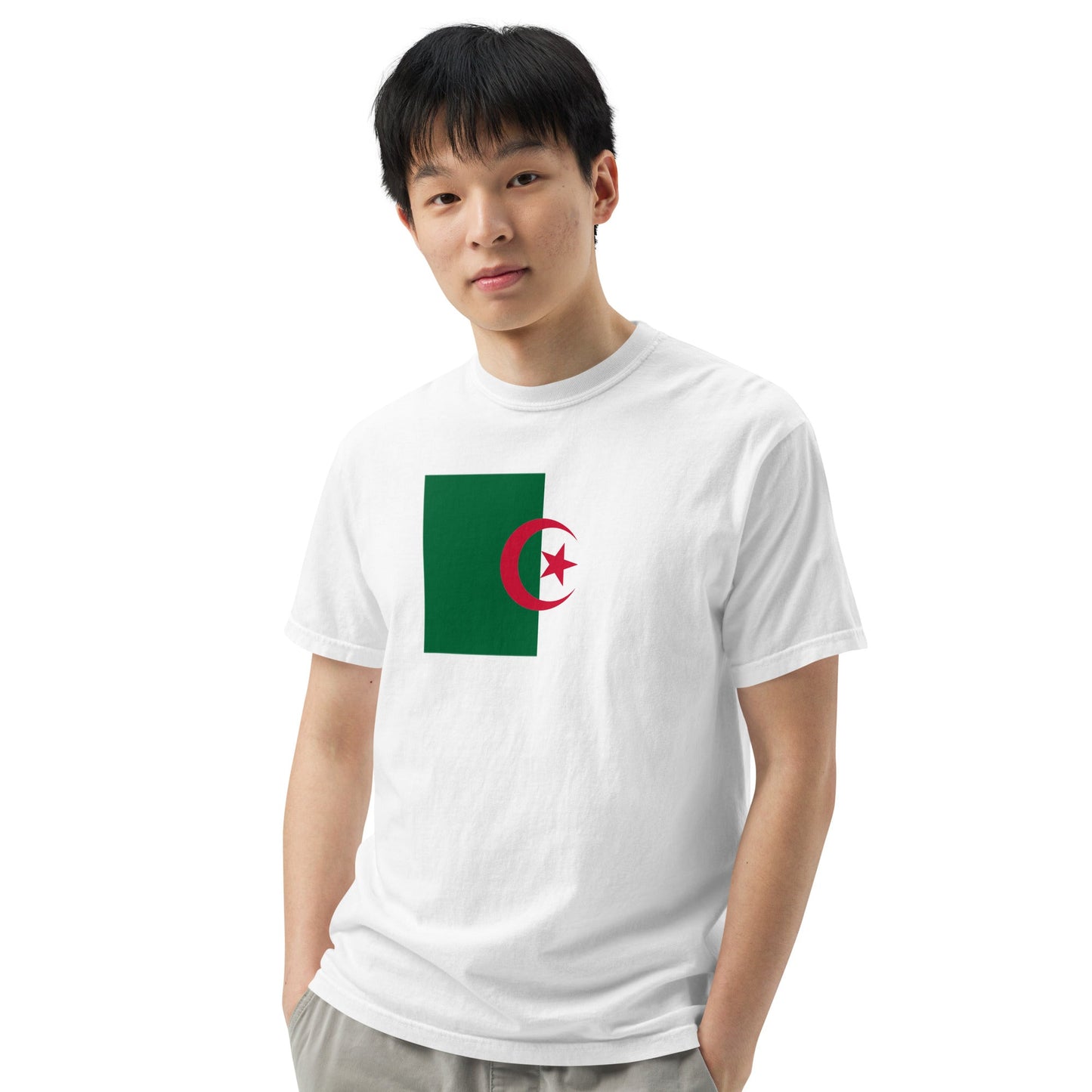 Stylish Algeria flag t-shirt laid flat, medium, brick