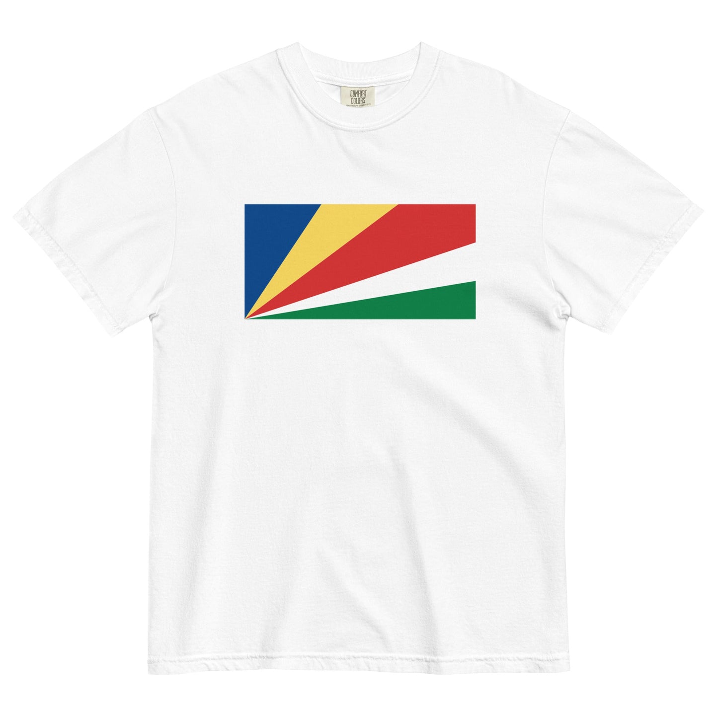 Flat lay of black Seychelles flag tee, small size