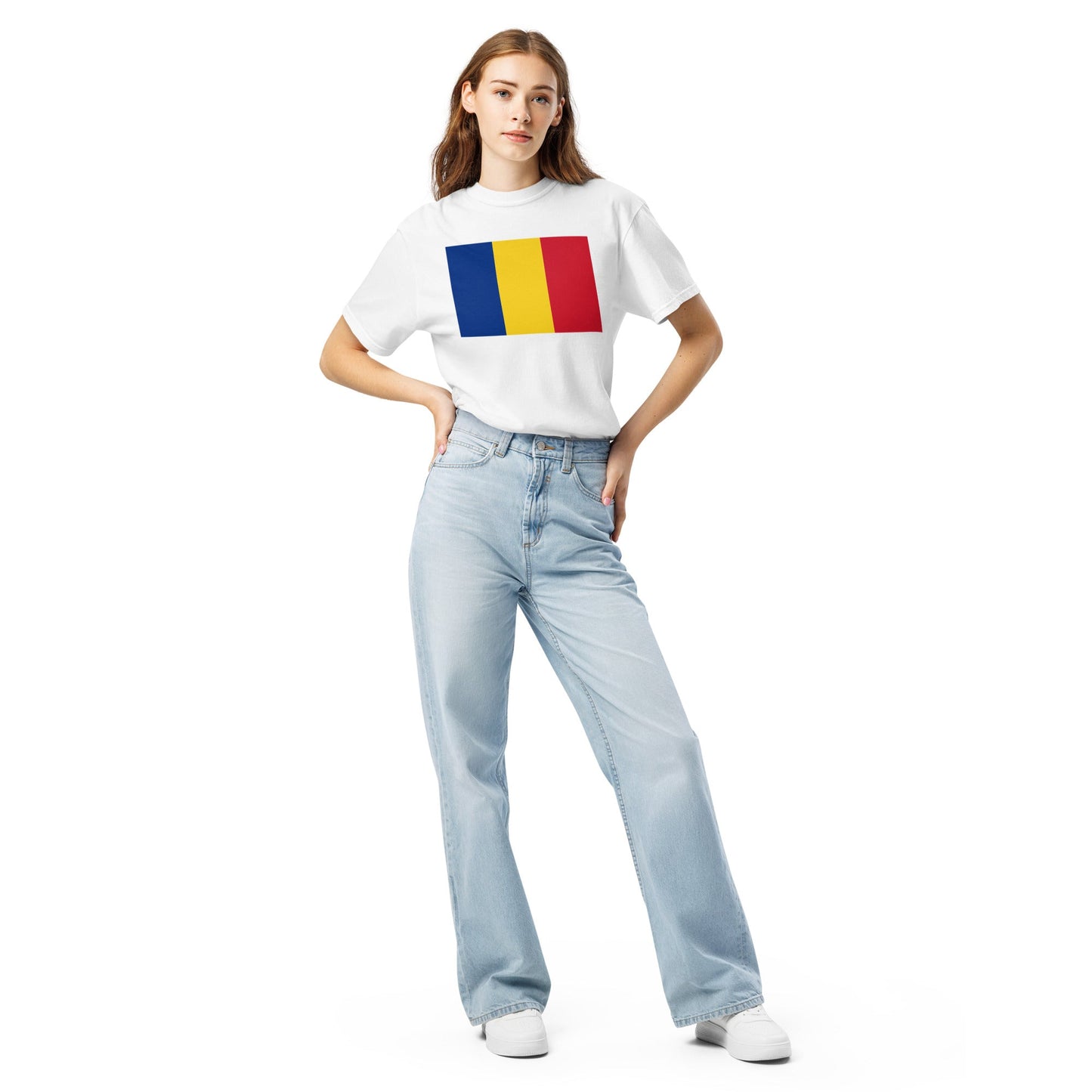 Bold Romania flag design tee in black, large