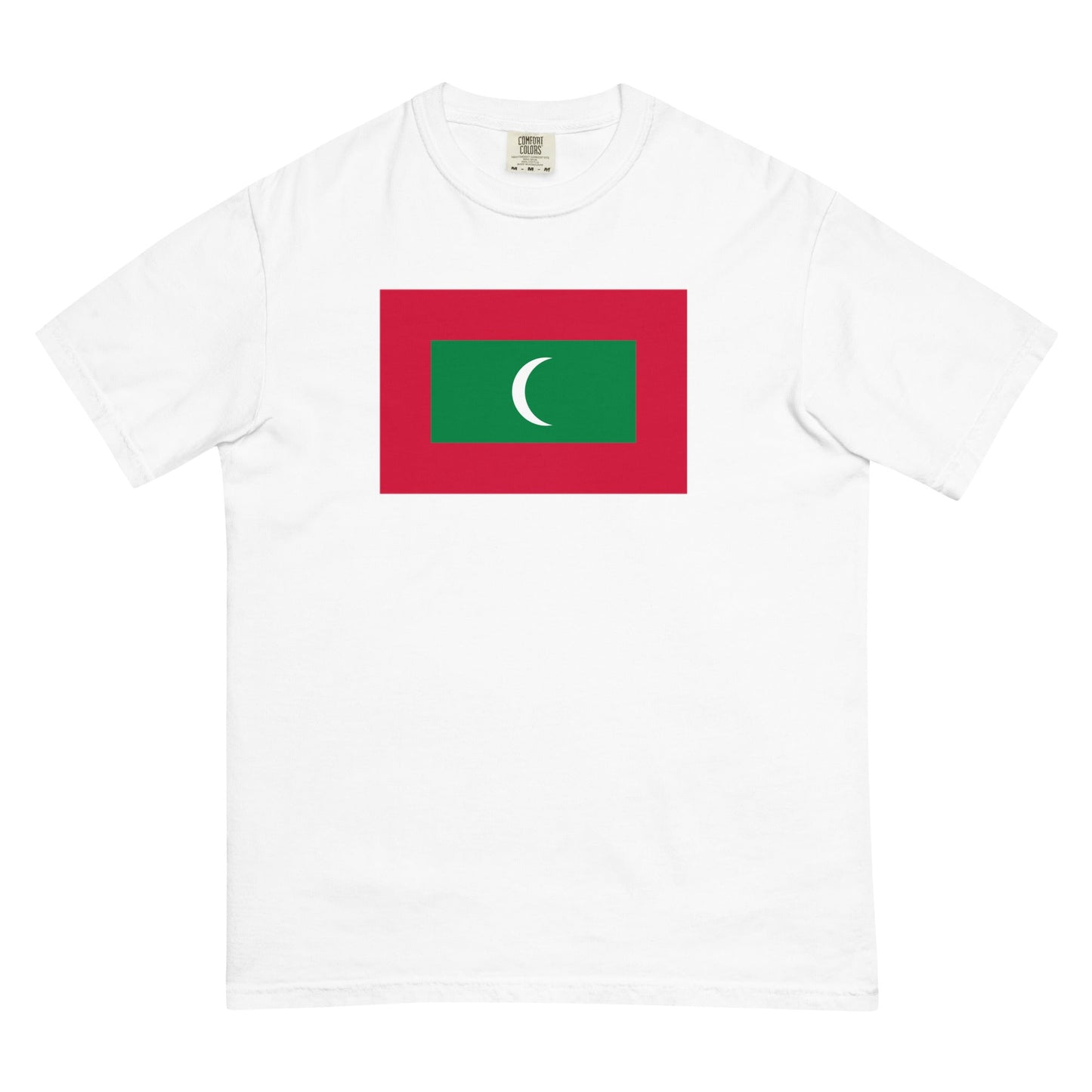 Stylish Maldives flag t-shirt laid flat, extra large, blue spruce