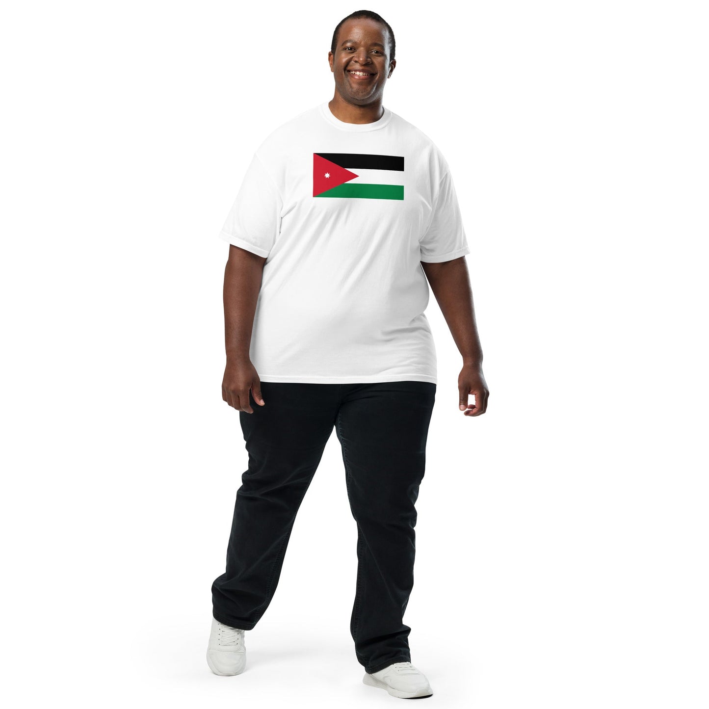Stylish Jordan flag t-shirt laid flat, medium, true navy